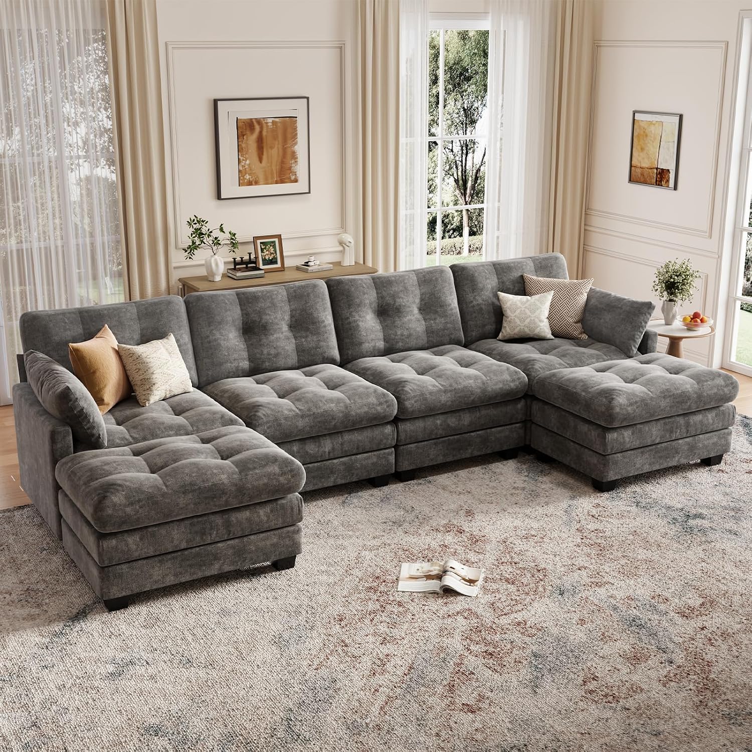 Detalle de OhaiAura Couch Modular Sectional Sofa, U-Shaped Tufted, Dark Gray Chenille