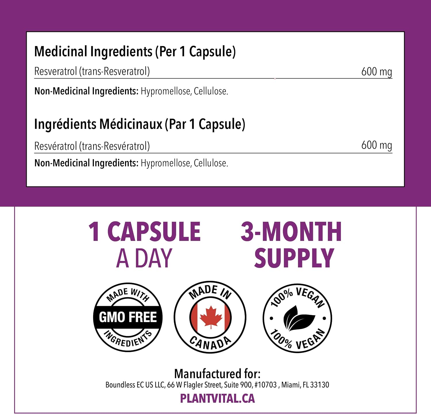 Detalle de PlantVital Resveratrol 600 mg Vegan Capsules, Made in Canada, 90 Count