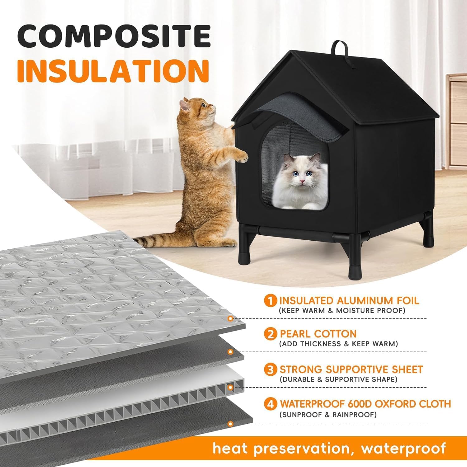 Detalle de Waterproof insulated cat house with detachable eaves (L, Black) for indoor and outdoor cats