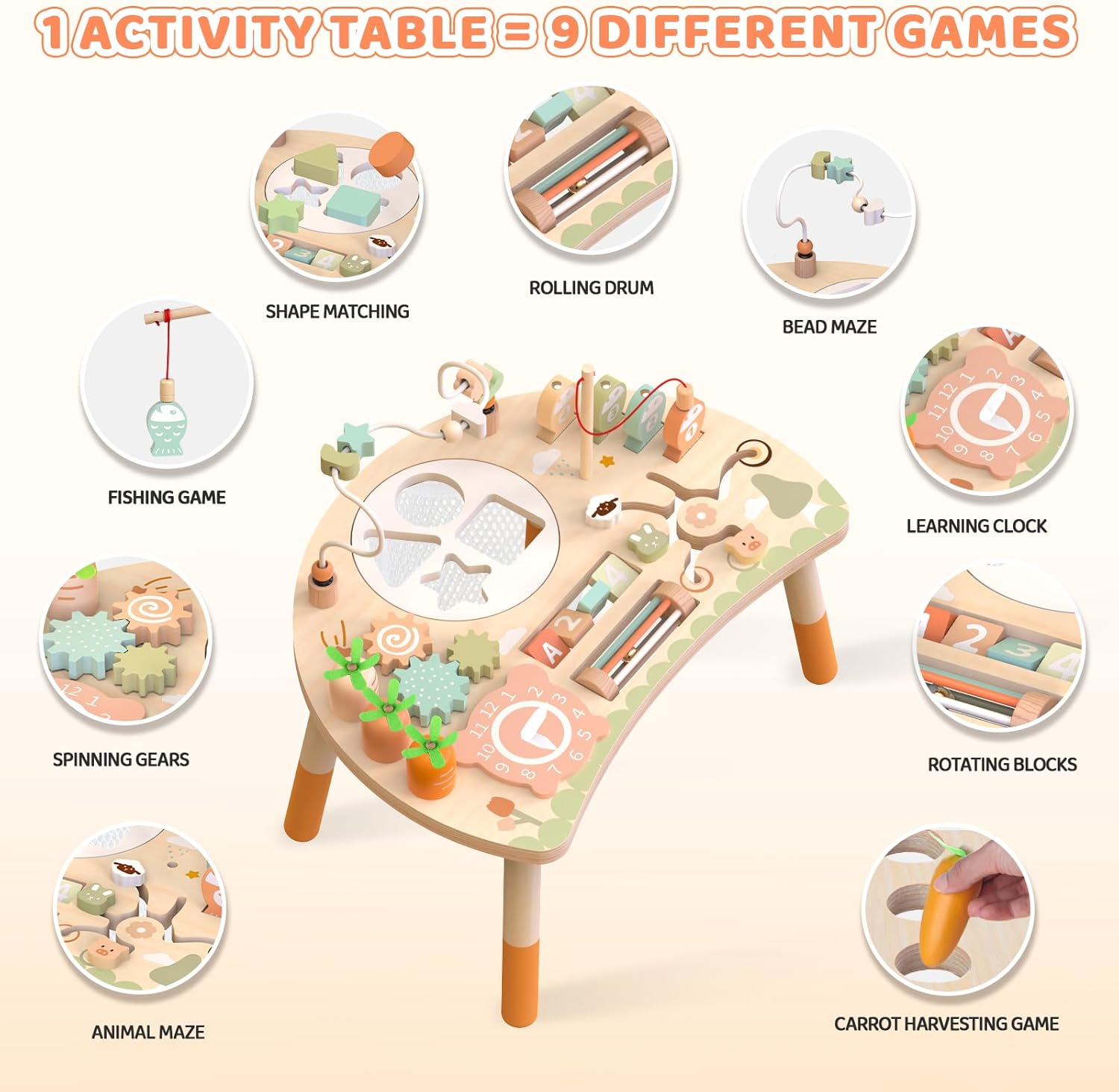 Detalle 2 de Hewaurorion Wooden Activity Table 9-in-1