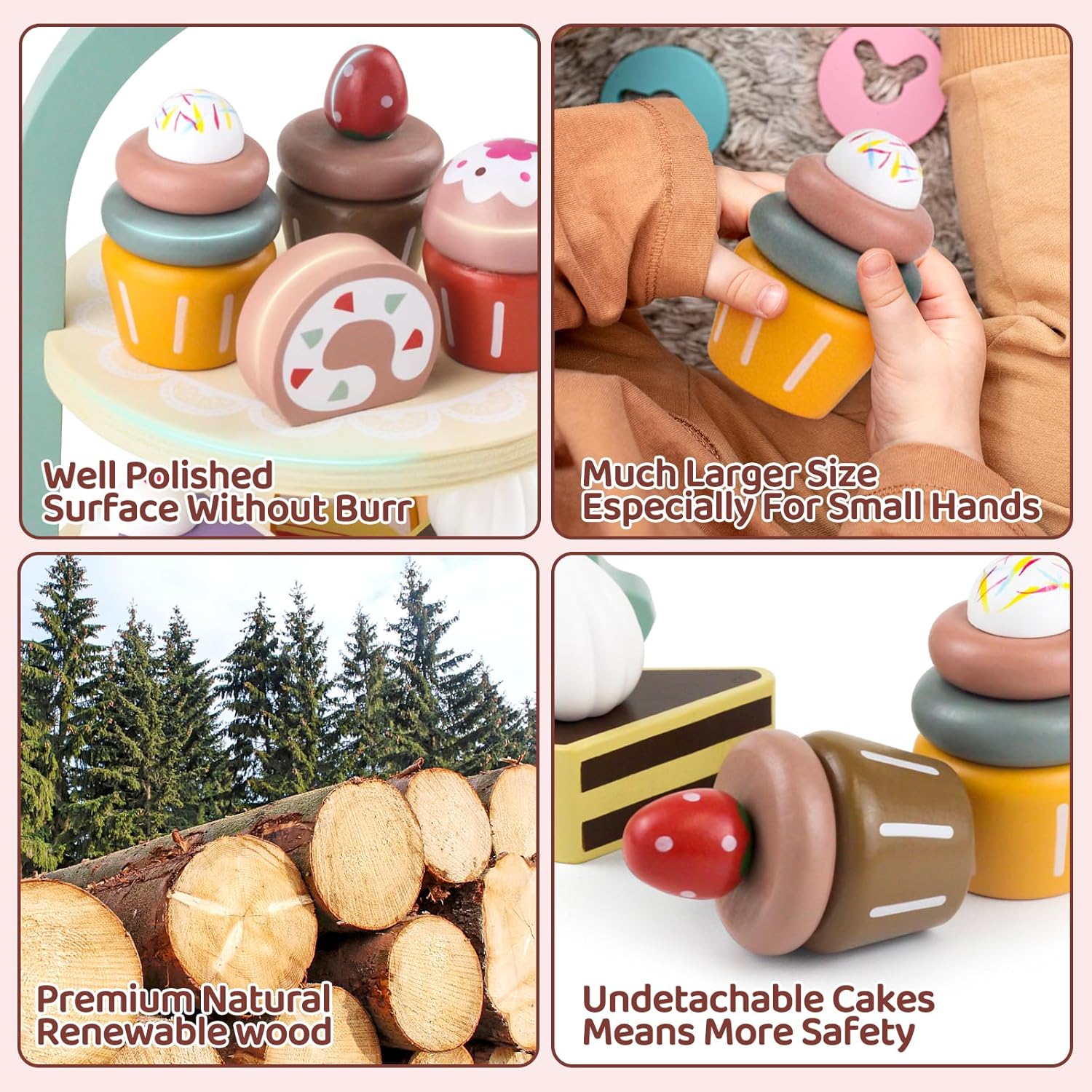 Detalle 2 de Airlab Dessert-Set aus Holz für die Kinderküche – Tee-Set mit Ständer, Kuchen & Cupcakes