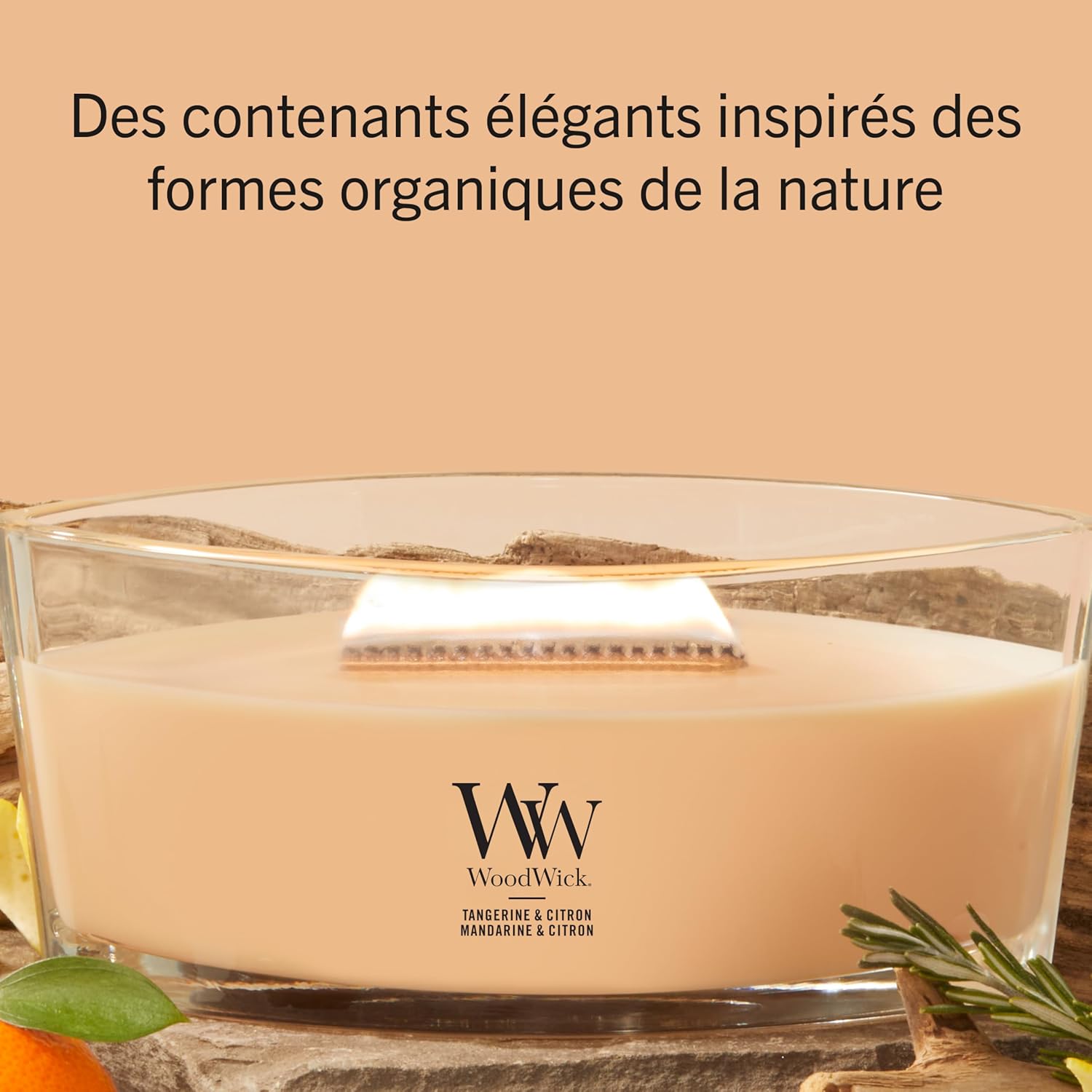 Detalle de WoodWick Bougie parfumée Bougie Ellipse Mandarine & Citron – Cadeau parfait pour femmes