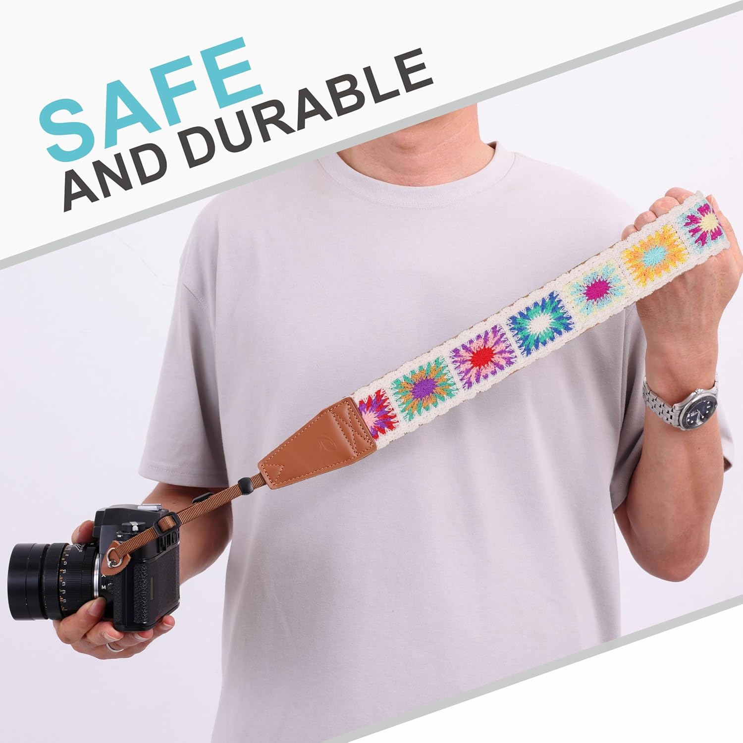 Thumbnail 6 de Padwa Lifestyle White Crochet Camera Strap with 2" Full‑Grain Leather Ends