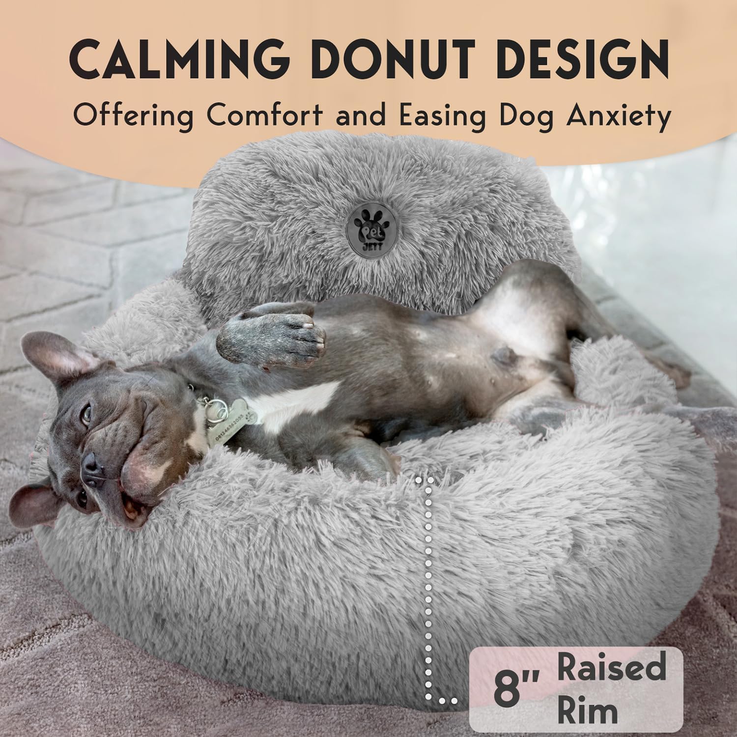 Thumbnail 3 de PetJett Small Dog Bed (23-inch Round) – Anti-Slip, Washable Donut Calming Puppy Bed in Bright Gray