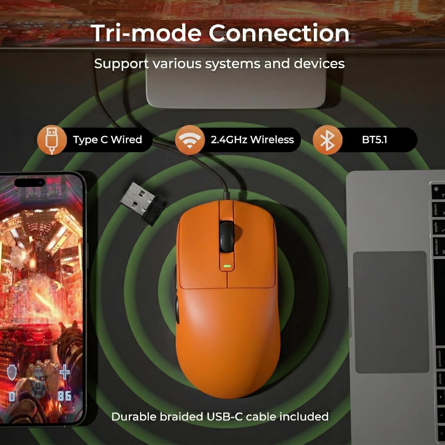 Thumbnail 2 de RK ROYAL KLUDGE M30 Wireless Gaming Mouse (Orange) – 43g tri-mode with PixArt PAW3311 sensor up to 24000 DPI