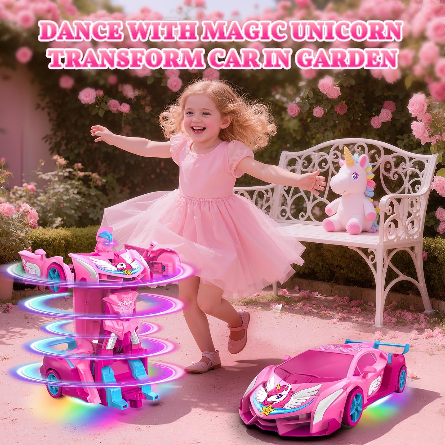 Detalle de Unicorn Transform RC Cars for Girls Toys with Rainbow Eyes & Underbody Lights