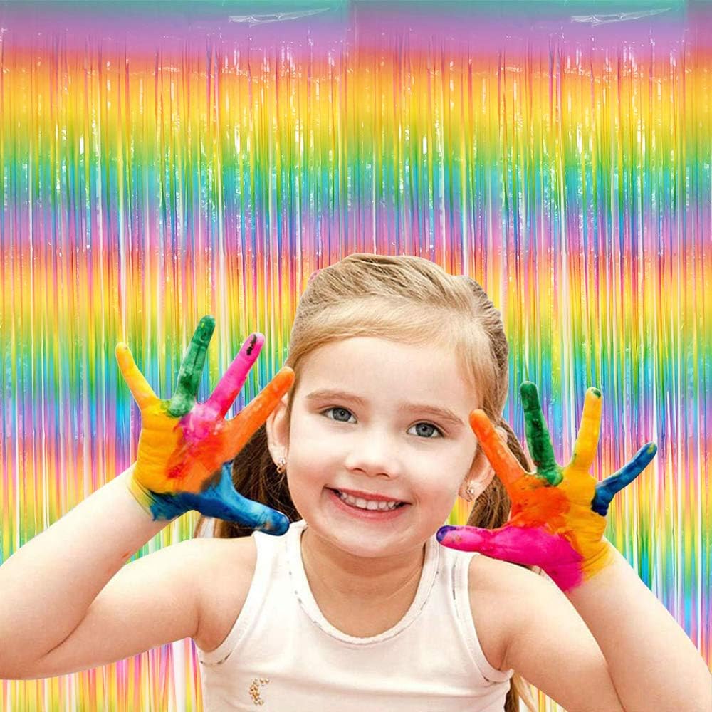 Thumbnail 2 de BEISHIDA 2 Pack Light Rainbow Foil Fringe Curtain Backdrop (3.28 x 6.56 ft) – Colourful Photo Backdrops for Parties