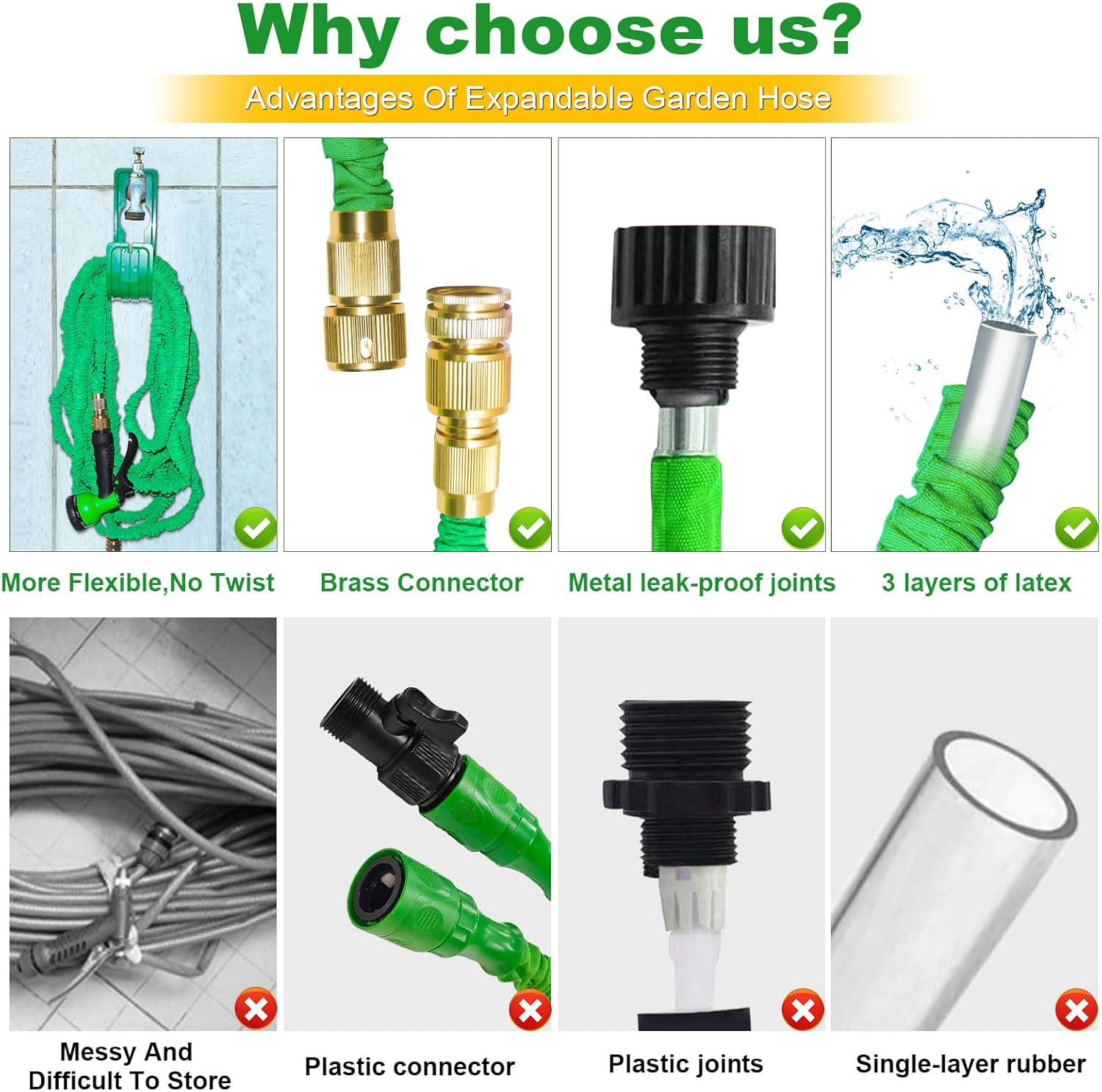 Thumbnail 4 de Expandable Garden Hose Pipe 100FT with 8-Pattern Spray Nozzle and 3/4"–1/2" Solid Brass Fittings (Green)