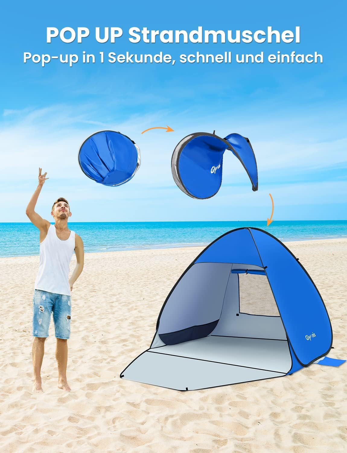 Detalle de Glymnis Strandmuschel Pop Up Strandzelt – UV-Schutz 50+, Windschutz, blau, kompakt