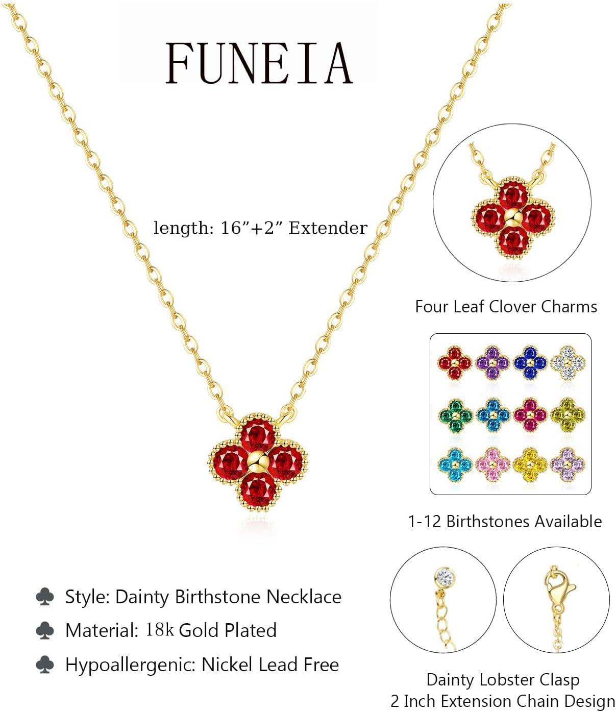 Detalle de FUN EIA Kette Gold Damen mit Geburtsstein Anhänger – verstellbare 18K Vergoldete Kleeblatt Halskette