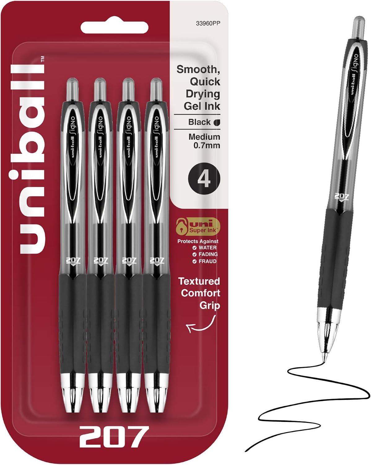 Detalle de uni-ball 207 Retractable Gel Pens, Black Ink, 0.7mm Medium Point, 4-Pack