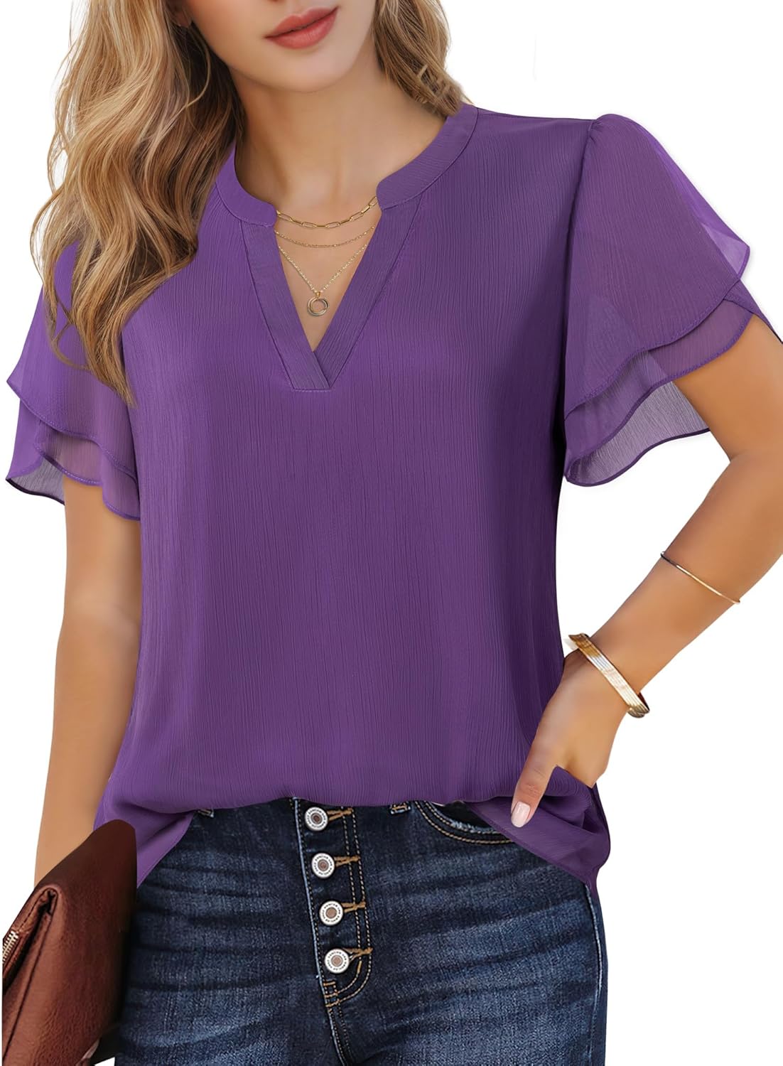 Thumbnail 1 de Lotusmile Women's Dressy Chiffon Blouses: Puff Sleeve V-Neck Top for Summer & Work