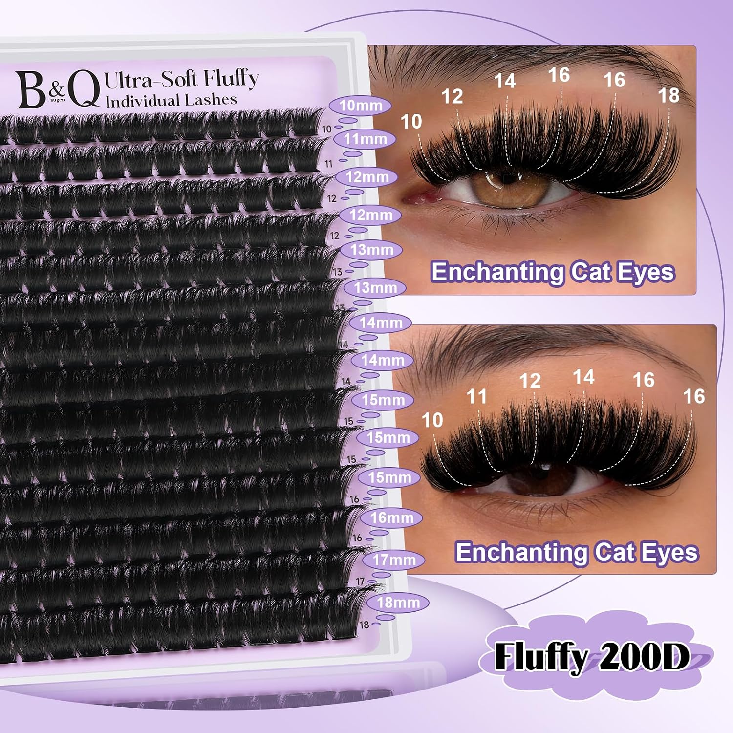 Detalle 2 de B&Q Fluffy Lash Clusters Thick 200D (Volume Lash Extensions), D Curl, 10–18mm