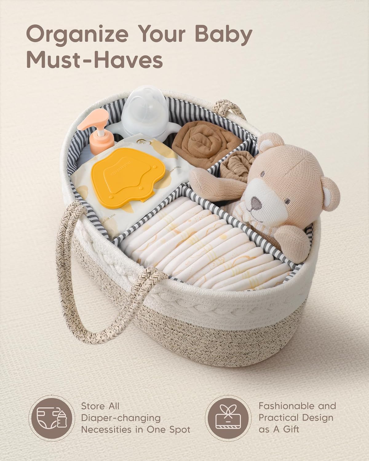 Detalle 2 de Maliton Wickeltisch Organizer – Baby-Aufbewahrungskorb mit Fächern und Griffen (36 x 22 x 18 cm)