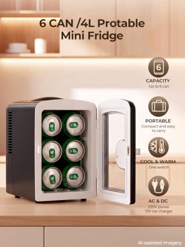 Thumbnail 2 de FOHERE Mini Frigo de Chambre 4L – Chaud/Froid, 12V/220V, 6 Canettes 335ml, Noir