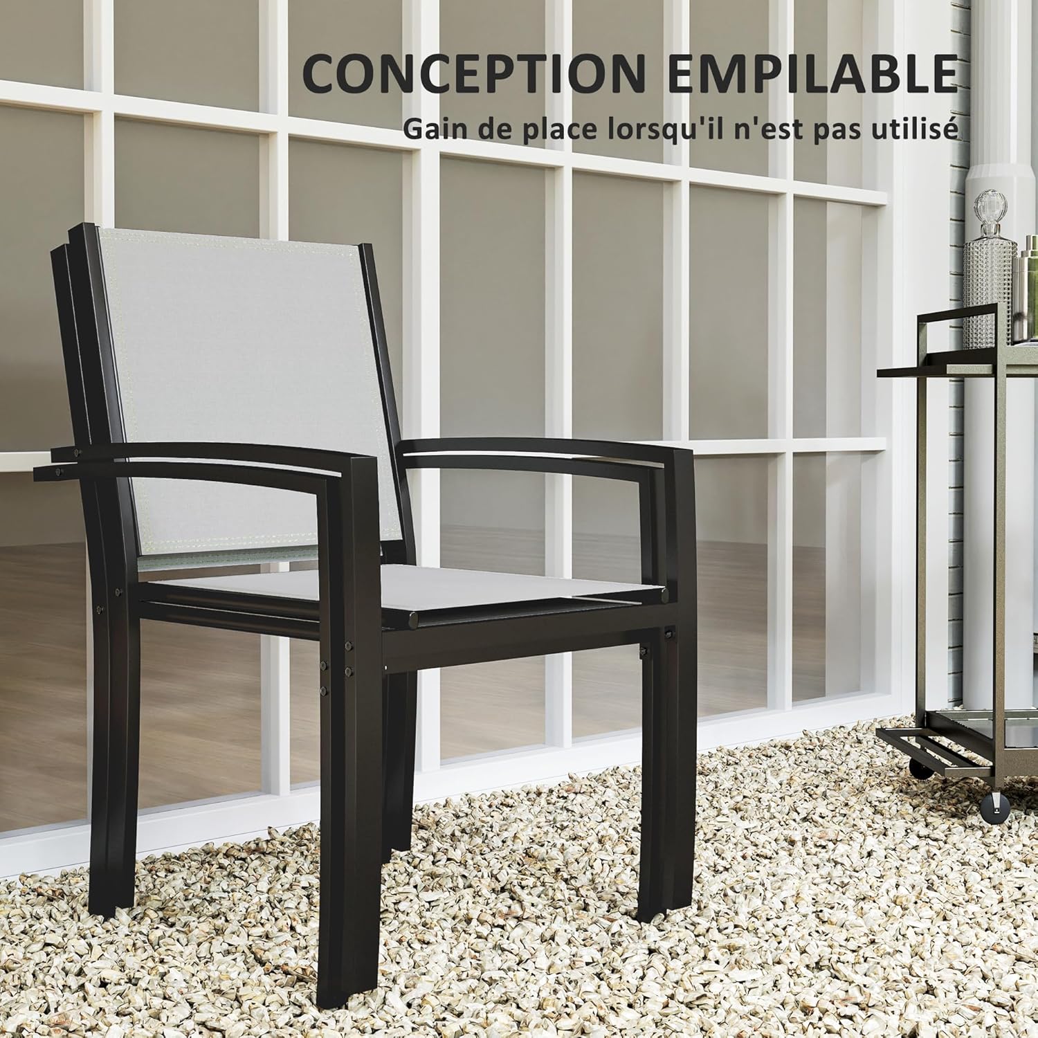 Thumbnail 4 de Outsunny Lot de 2 chaises de jardin empilables avec accoudoirs – cadre acier, gris clair