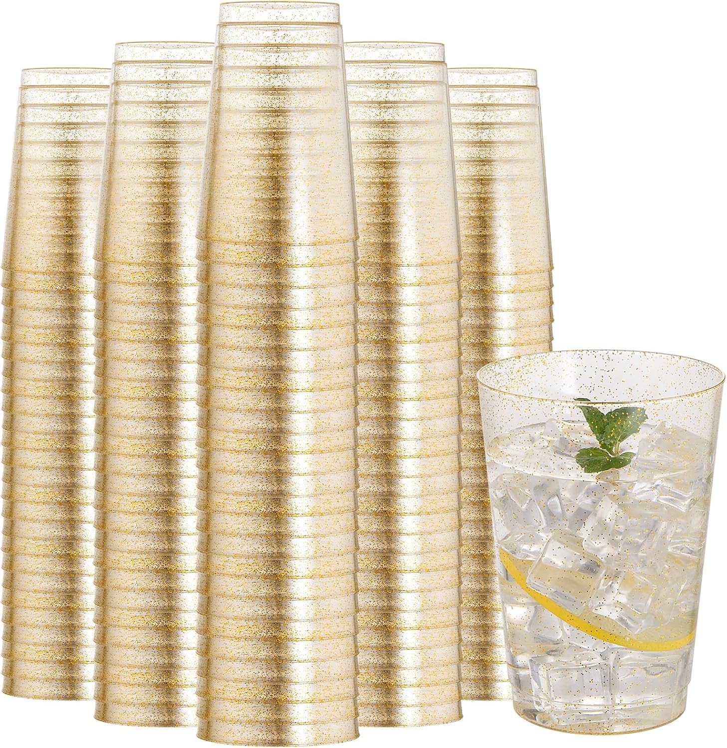 Detalle de I00000 200 Pack 12 oz Gold Glitter Plastic Cups – Premium Disposable Glassware for Parties