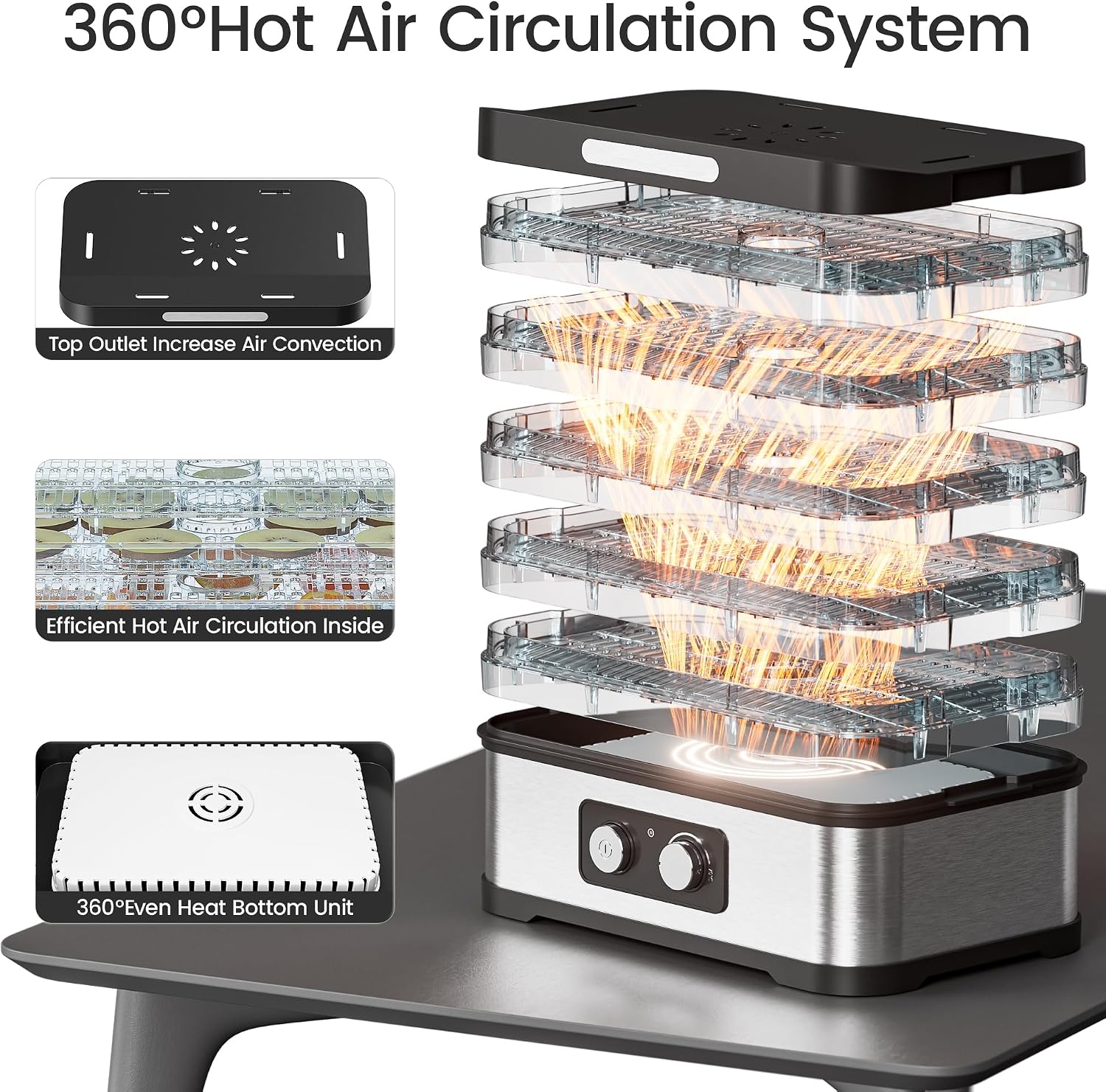 Detalle 1 de Konfintos GGJ-300A Small Food Dehydrator, 5 BPA-Free Trays, 250W