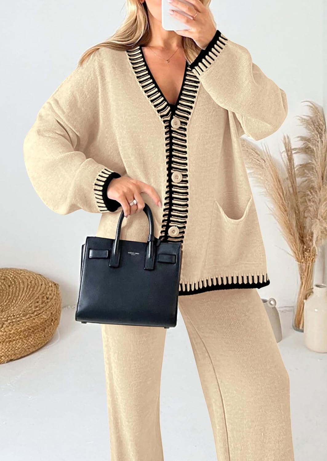 Detalle de PRETTYGARDEN Women’s Lounge Set (2-Piece Cardigan + Wide-Leg Pants) — color-block knit outfits