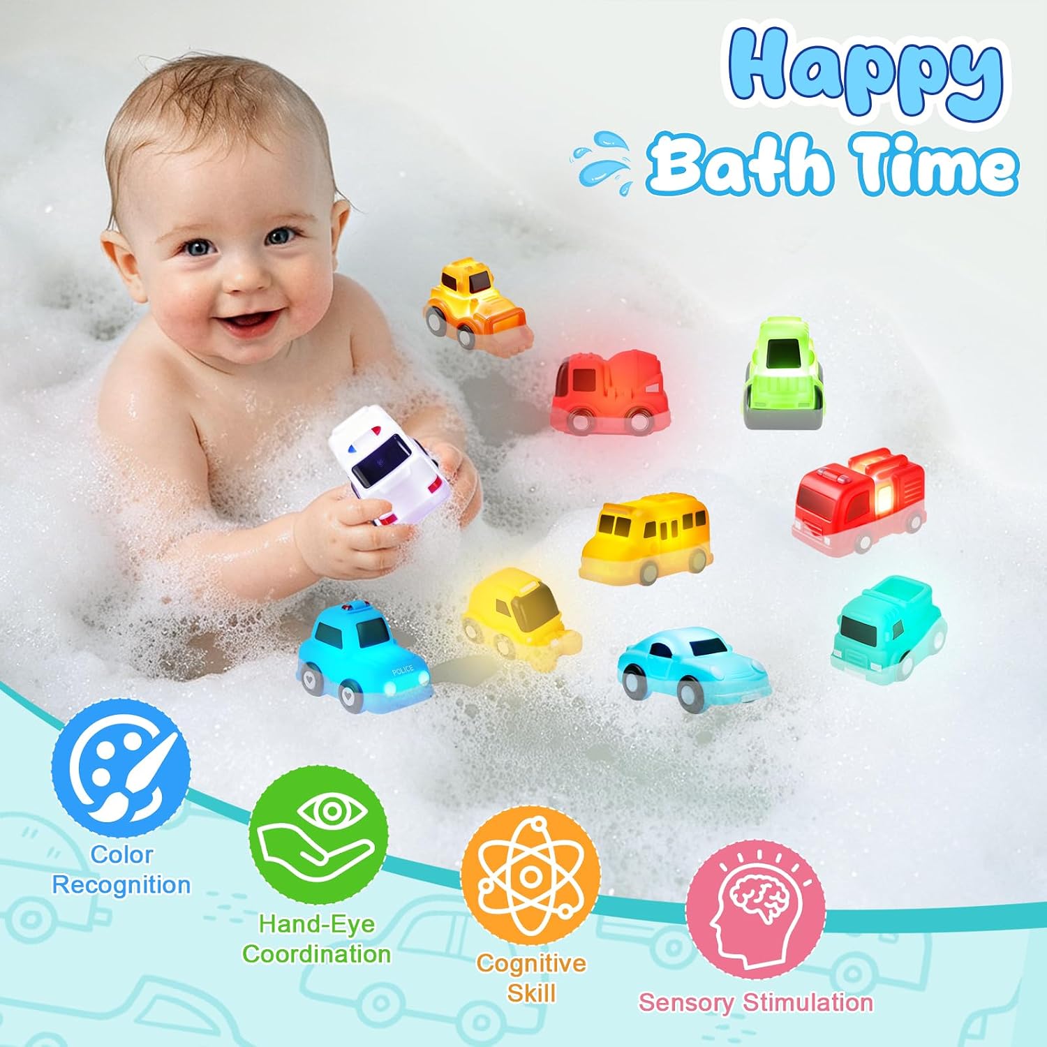 Detalle de JoiTale 10-Pack Light-Up Bath Toys for Toddlers: Cars that Flash in the Bath