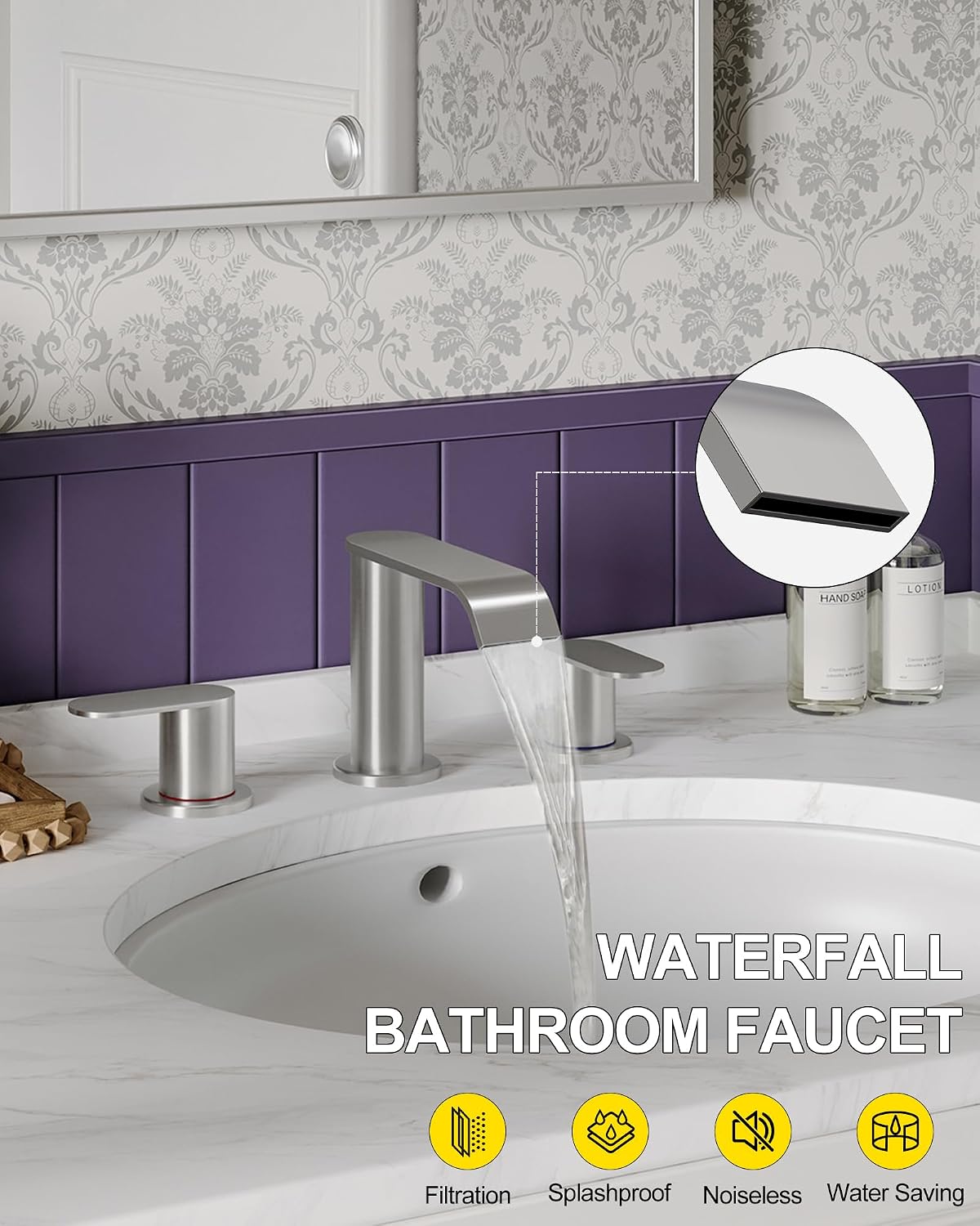 Detalle de Homevacious HM7165055N Widespread Waterfall Bathroom Faucet, Brushed Nickel