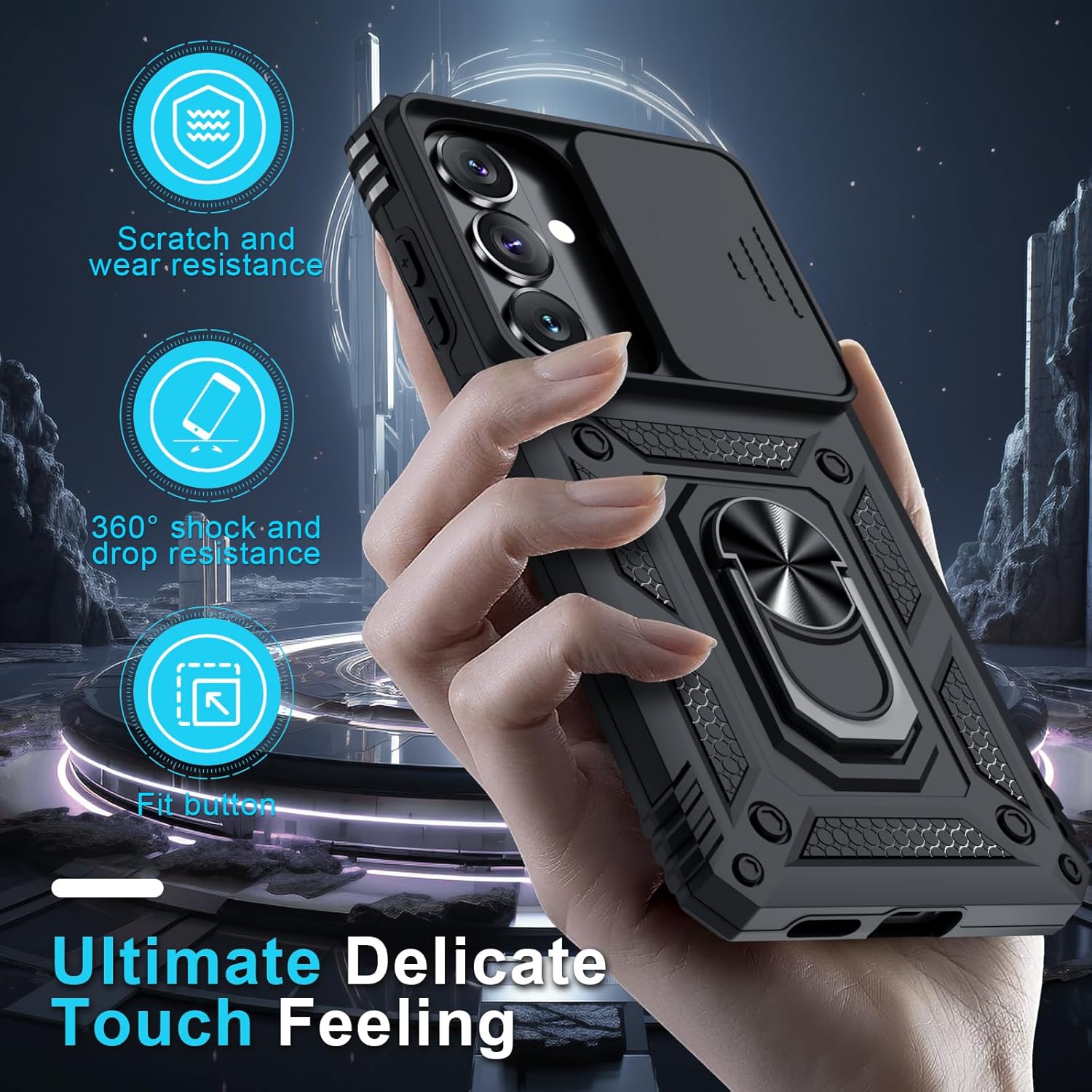 Thumbnail 6 de Janmitta Galaxy S26 Compatible Case with Slide Camera Lens Cover, Tempered Glass Screen Protector, and 360° Metal Kickstand Ring Holder (Black)