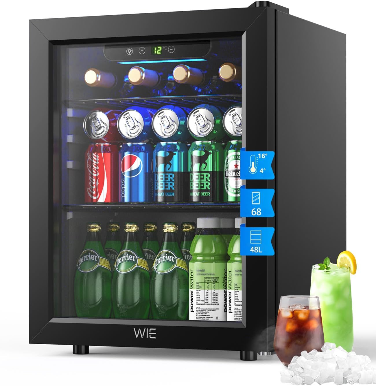 Detalle de WIE Getränkekühlschrank 48L mit Glastür – kompakter Allrounder für Küche, Büro und Bar