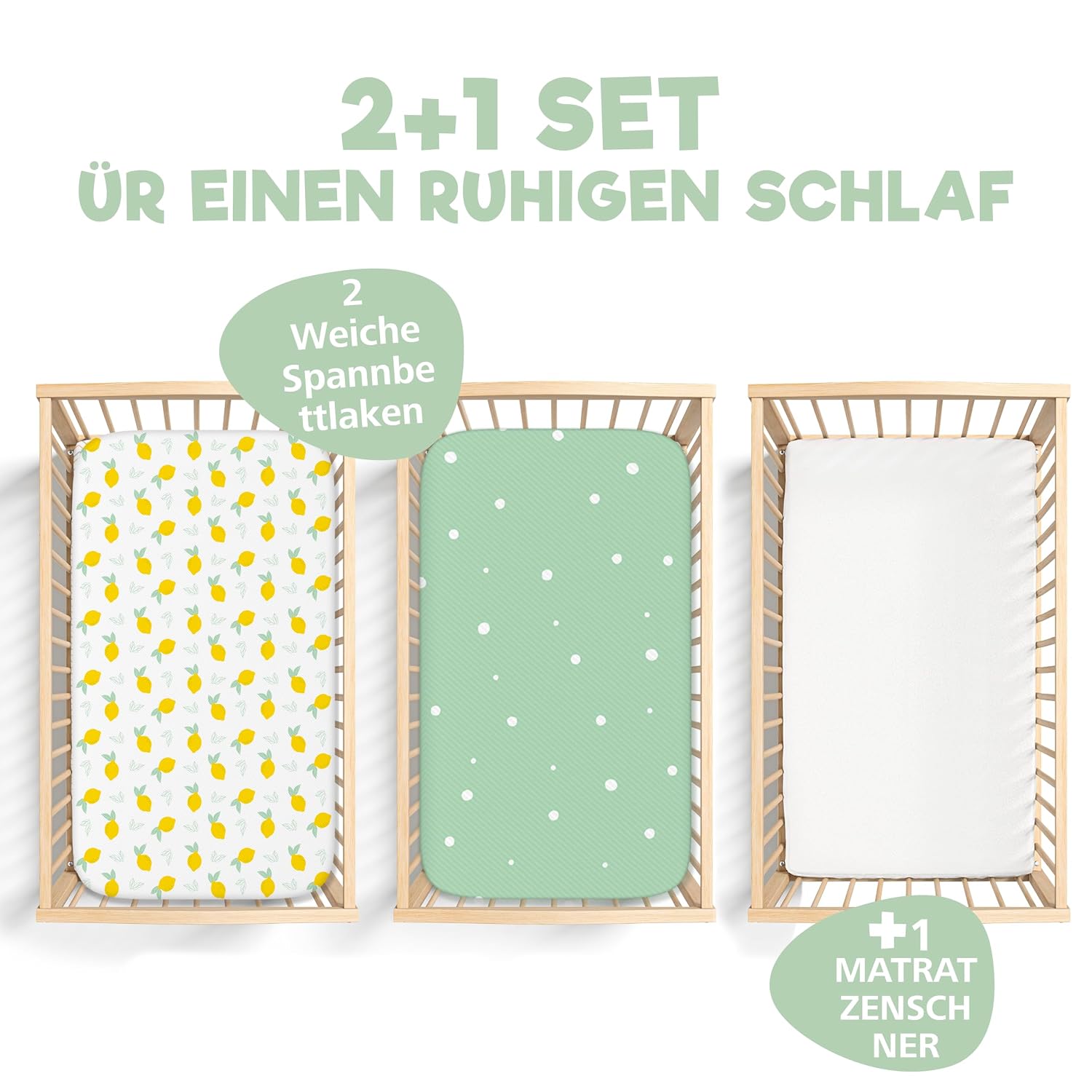 Detalle de 2x Spannbettlaken aus 100% Baumwolle + 1x Matratzenschoner 100% wasserdicht – 55x90 cm, 3er‑Set (Zitrone)