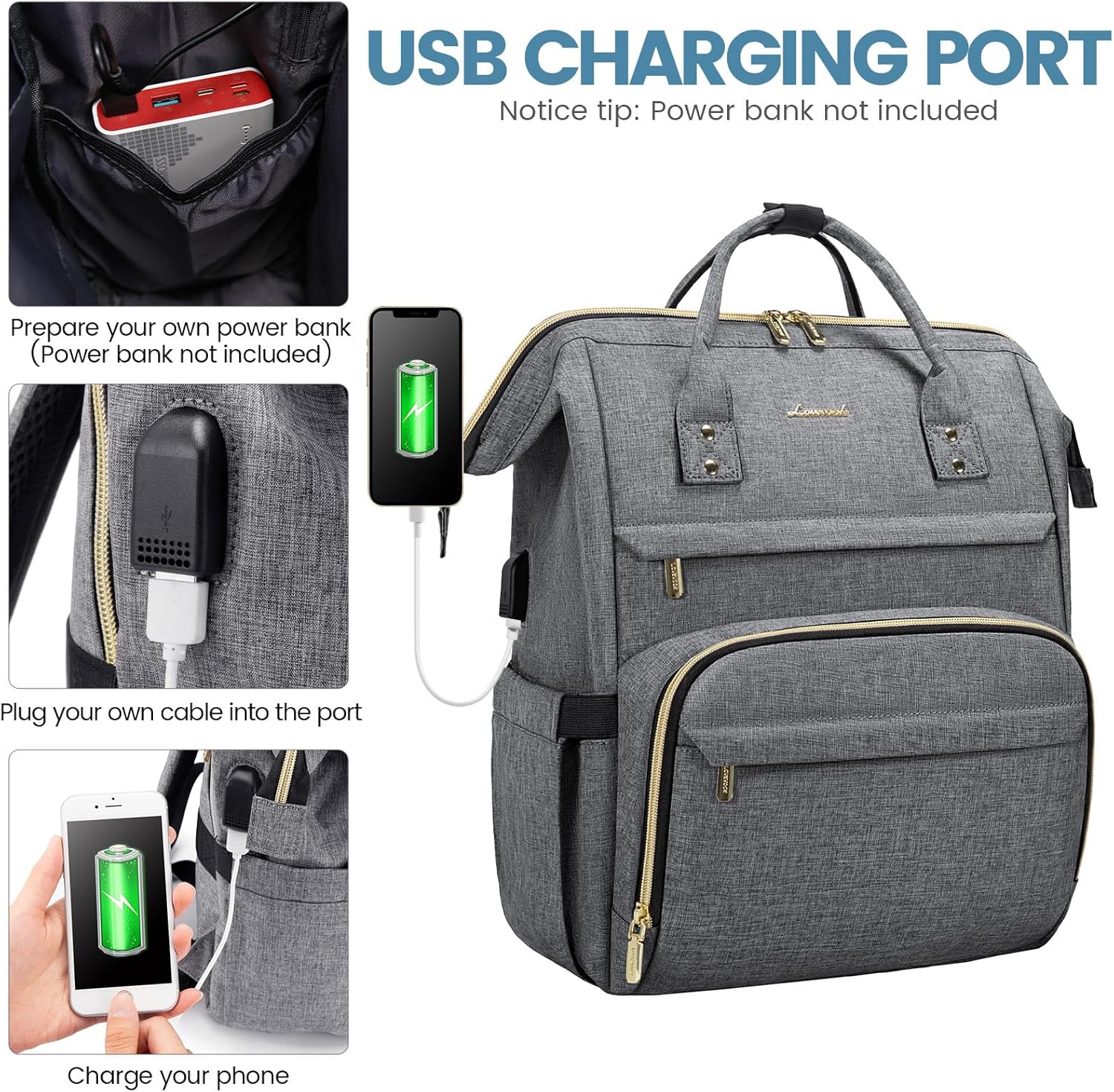 Detalle de LOVEVOOK Rucksack Damen Schulrucksack mit USB-Ladeanschluss – wasserdichter Laptoprucksack (dunkelgrau)
