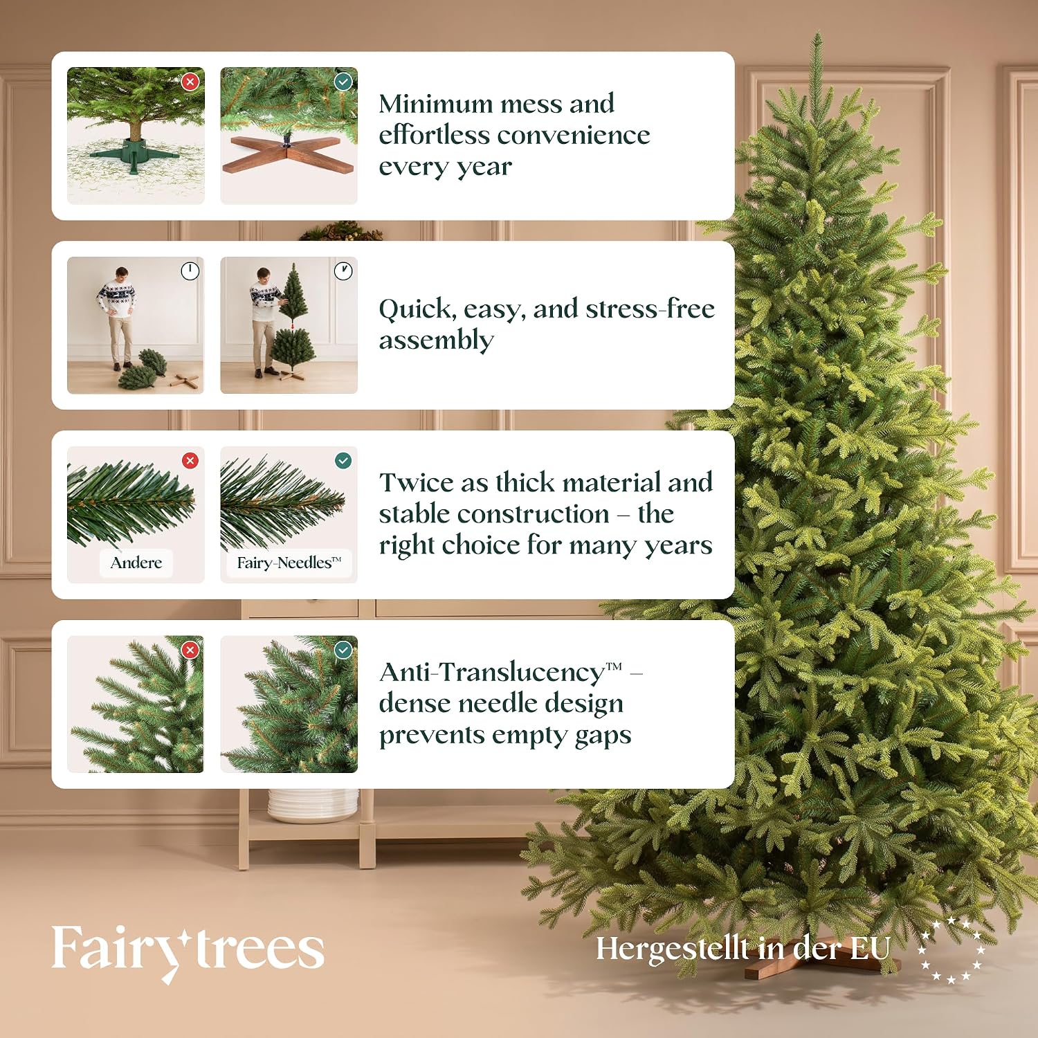 Thumbnail 4 de FairyTrees FT32 Bavarian Fir Premium Artificial Christmas Tree, 220 cm, PE Tips, Wooden Stand