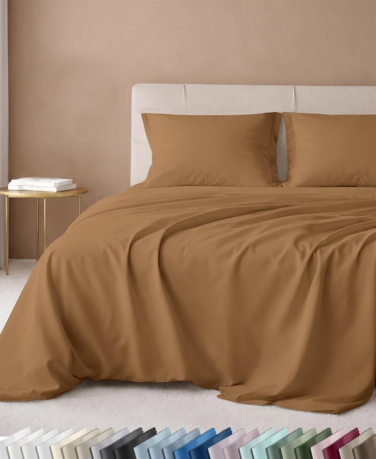 Detalle de California Design Den 600 Thread Count Queen Sheet Set, Honey Caramel Cotton Sateen