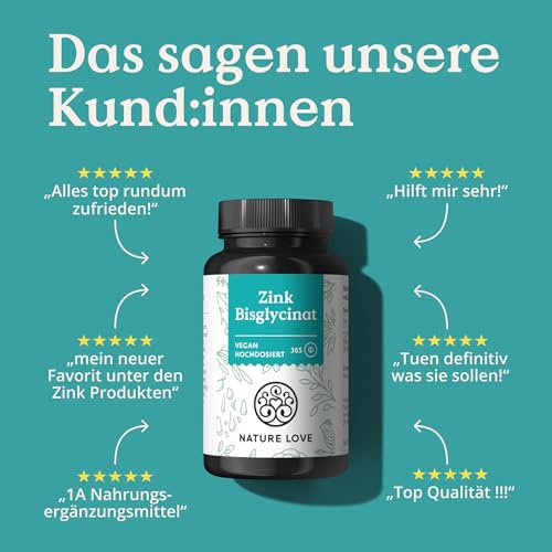 Detalle de NATURE LOVE® Zink - 365 Tabletten (1 Jahr) Hochdosiert 25 mg Zink-Bisglycinat – vegan, laborgeprüft, in Deutschland entwickelt