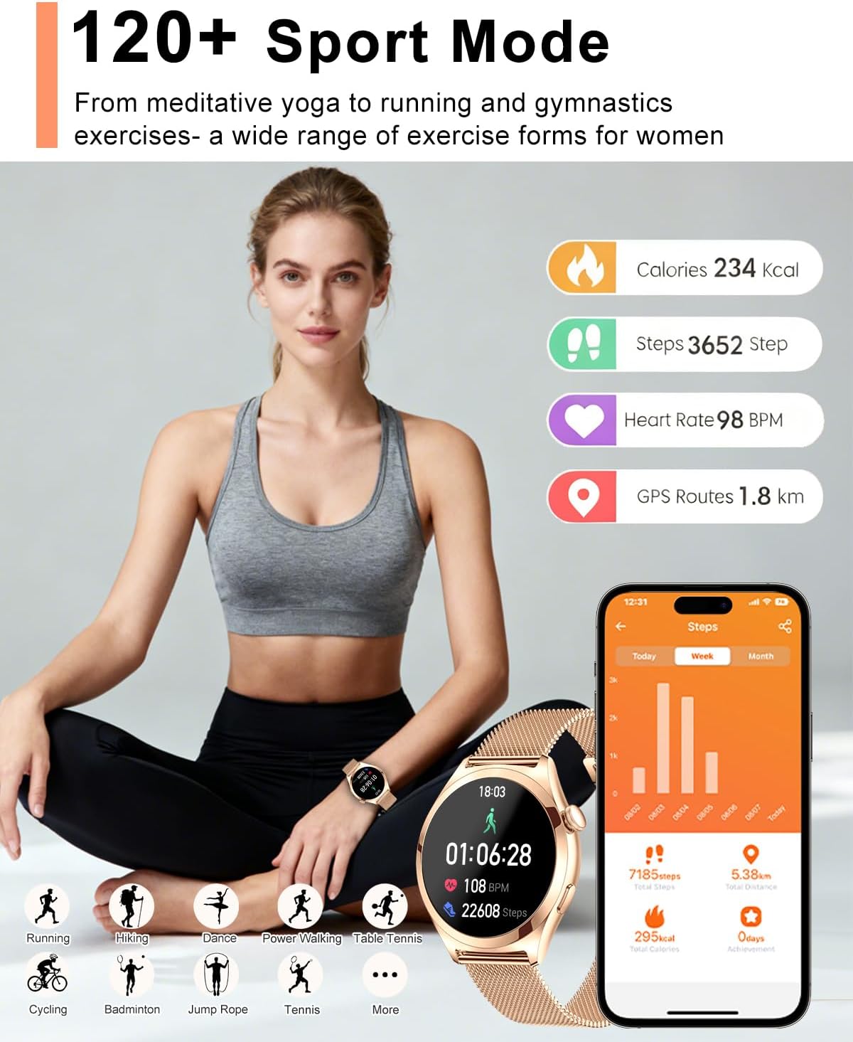 Thumbnail 4 de Rose Gold 1.27" HD Fitness Tracker Smartwatch
