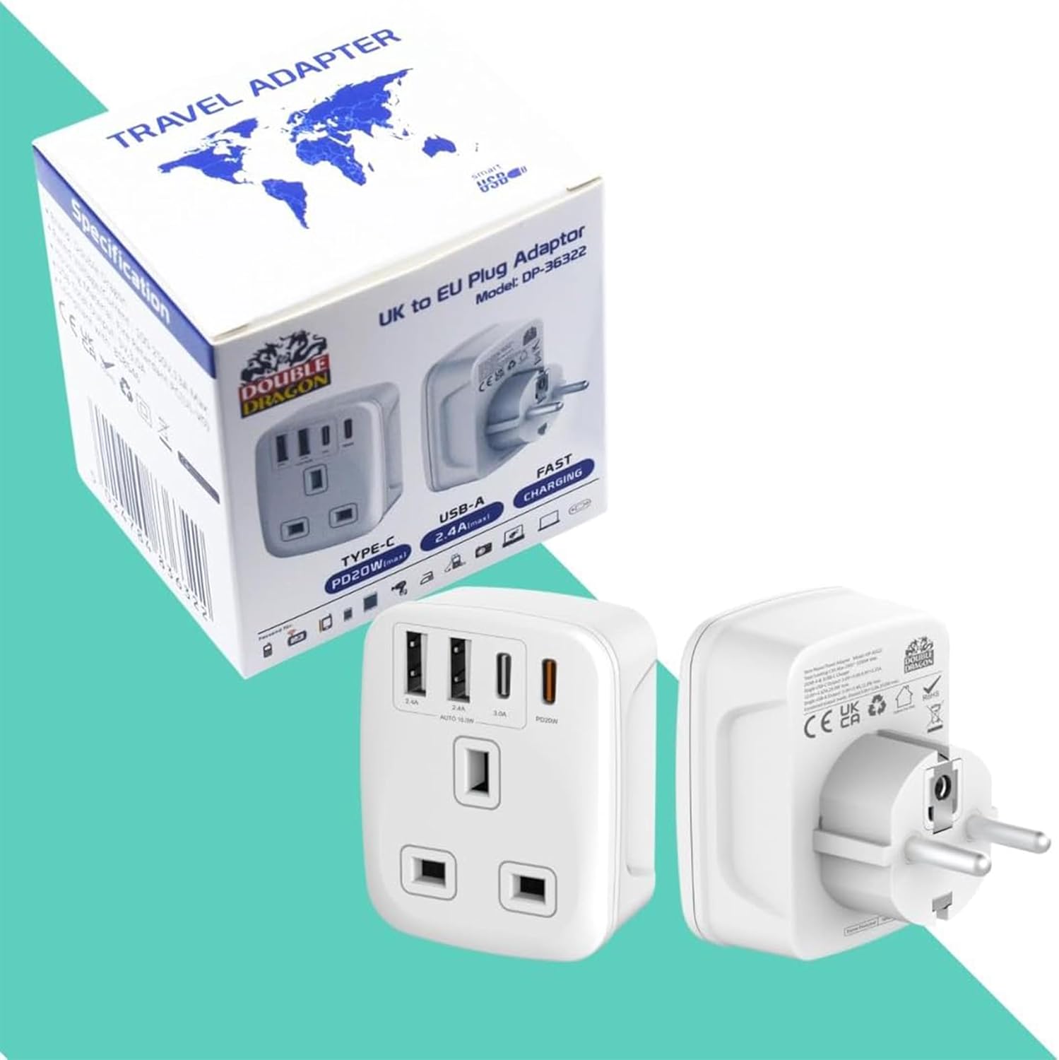 Thumbnail 1 de Double Dragon 20W Fast Charging 5-in-1 UK to EU Travel Adapter (2× USB-A & 2× USB-C, UK 3-pin to EU 2-pin)