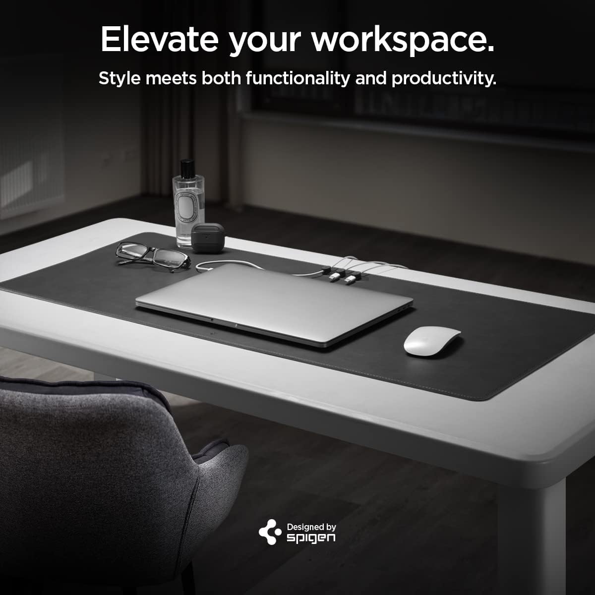 Detalle de Spigen Tapis de bureau XXL en cuir PU végan avec aimant intégré pour organiser les câbles (noir)