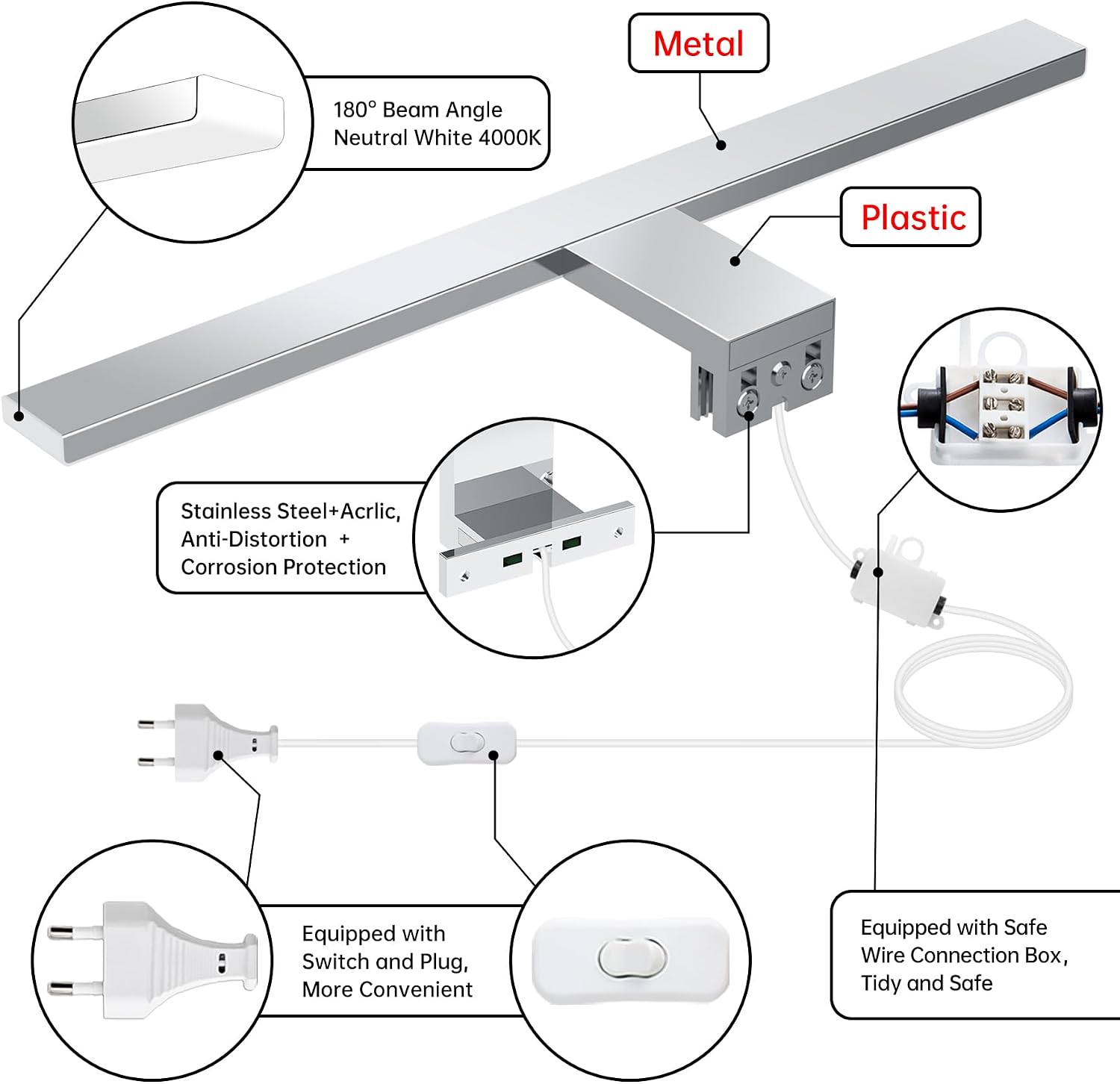 Thumbnail 2 de Azhien LED Badezimmer Spiegelleuchte 40 cm 10W Neutralweiß 4000K – 820 lm, Stecker, 3-in-1 Montage