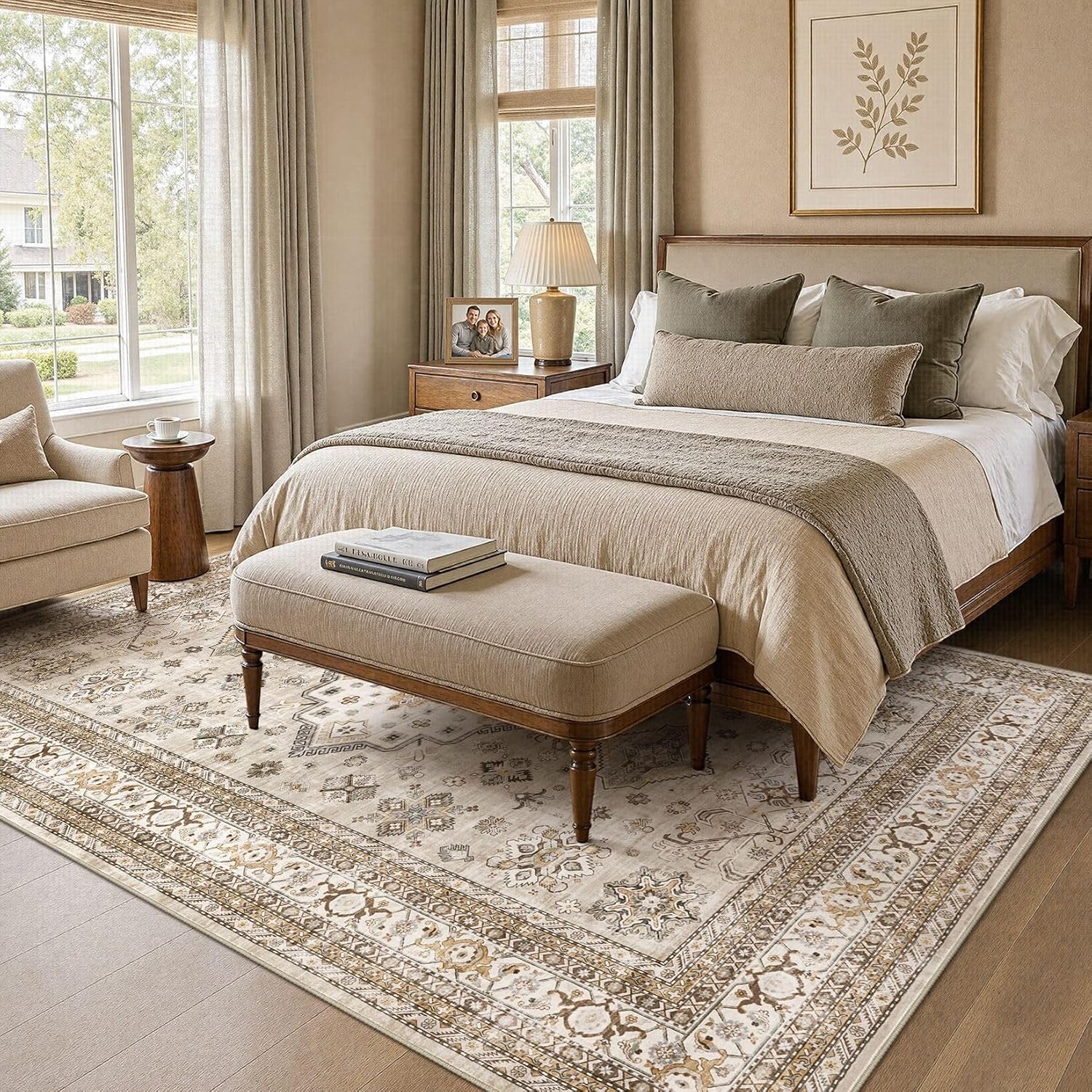 Thumbnail 6 de Vintage Living Room Area Rug 5x7 (Beige) — Soft Washable Traditional Oriental Distressed Farmhouse Carpet