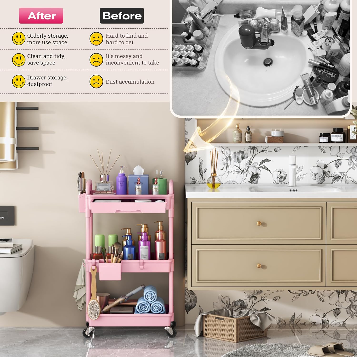 Thumbnail 6 de Goovilla Rolling Makeup Organizer Cart with Removable Drawer (3-Tier, Lockable Wheels)