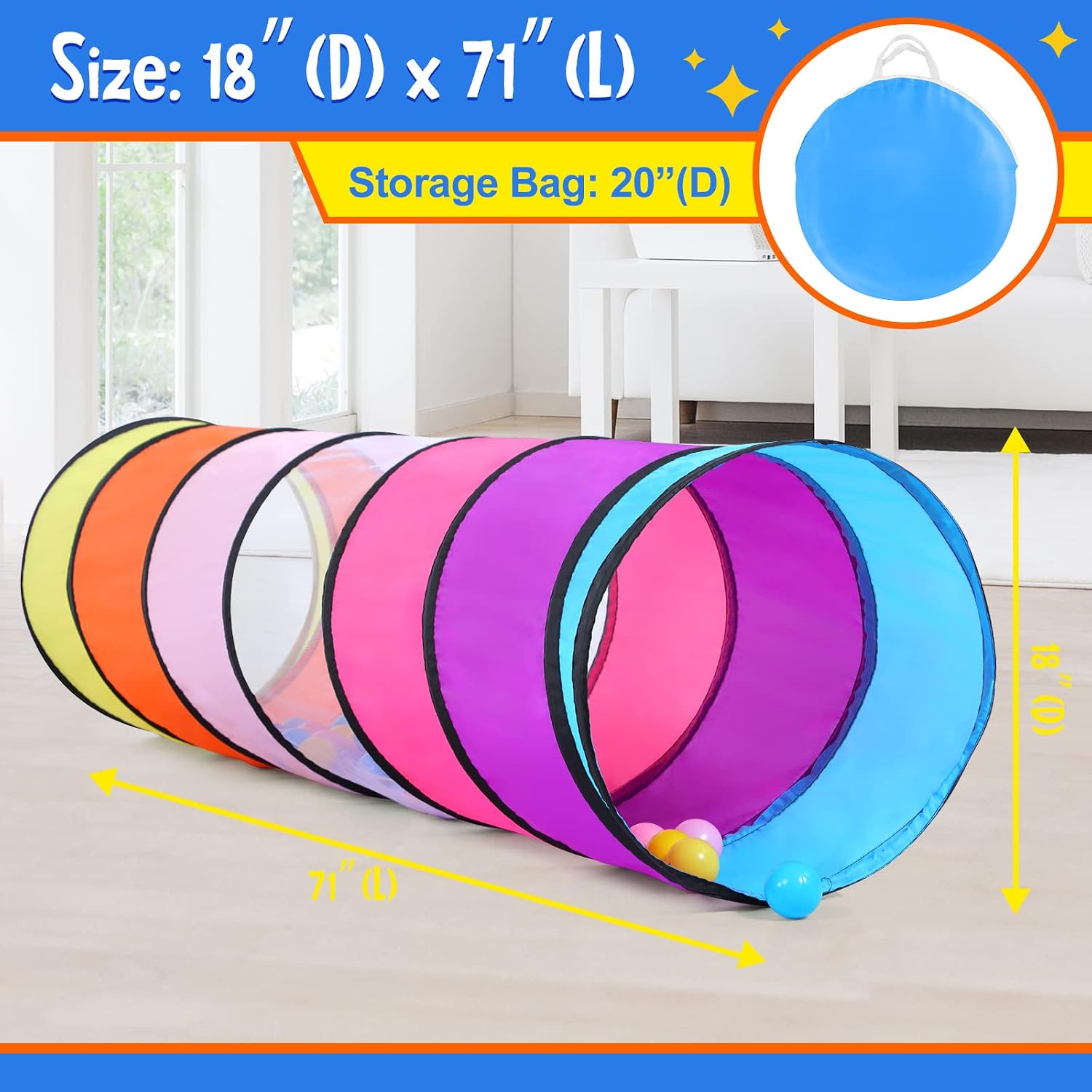 Thumbnail 5 de SweHouse Colourful Pop-Up Play Tunnel for Kids, 175 cm, Collapsible