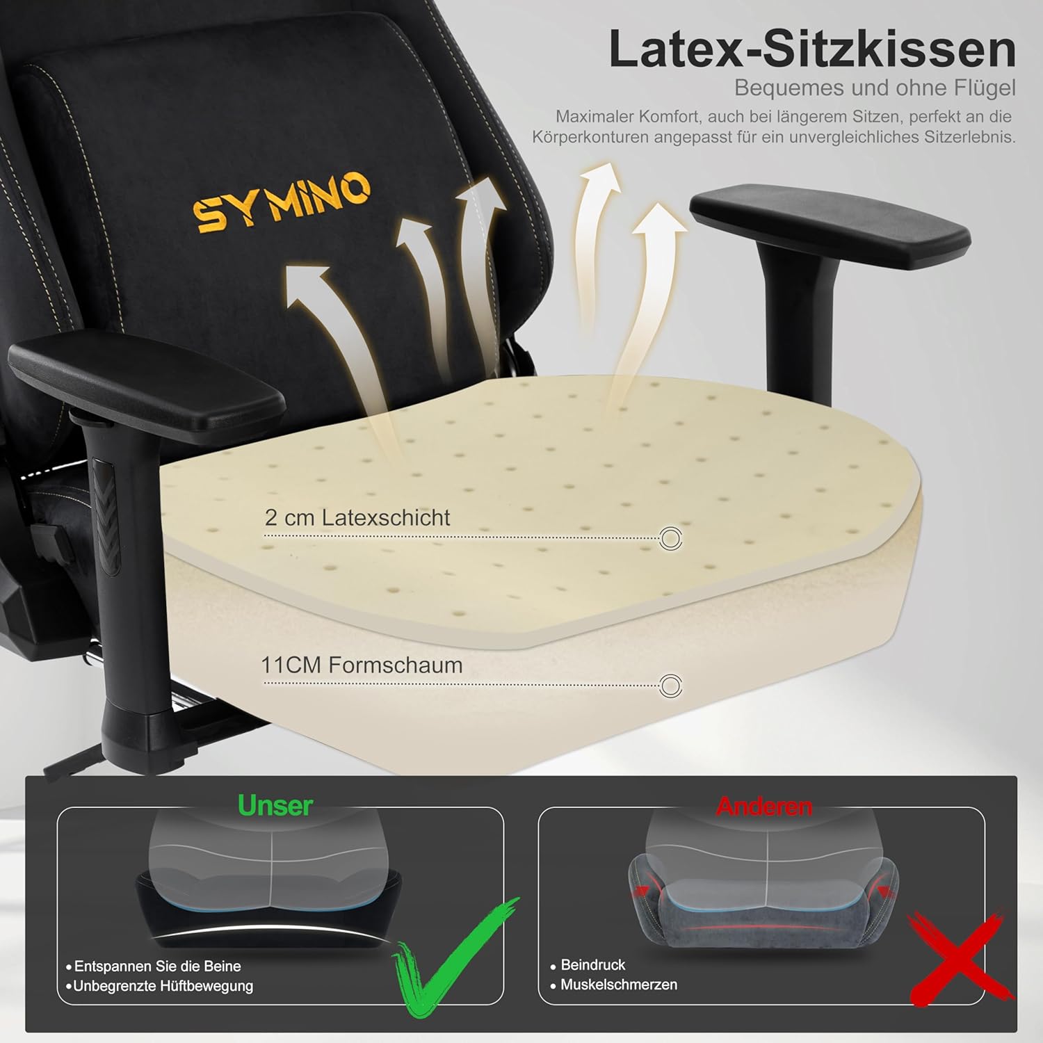 Thumbnail 4 de Symino Gaming-Stuhl mit Latex-Sitzkissen, Memory-Schaum-Lendenstütze & 300 kg Belastbarkeit – schwarz