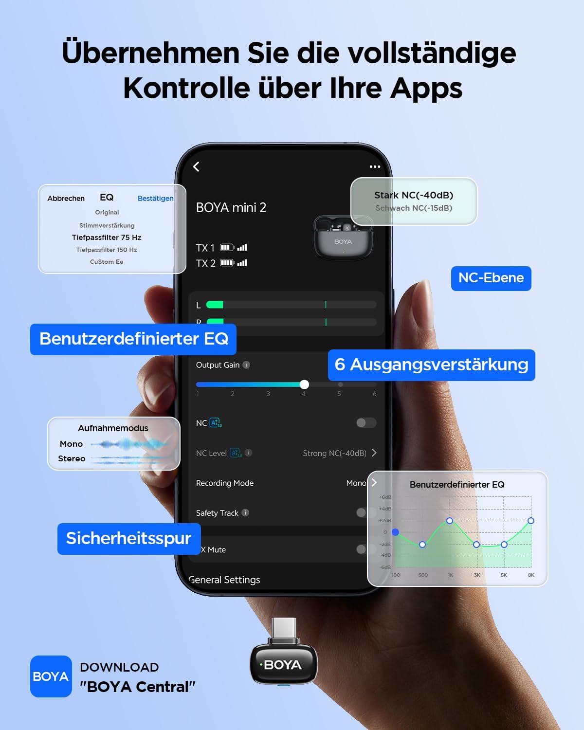 Detalle de BOYA Mini 2 Mikrofon Handy – kabelloses Lavalier für iPhone 15/16/17 & Android USB‑C