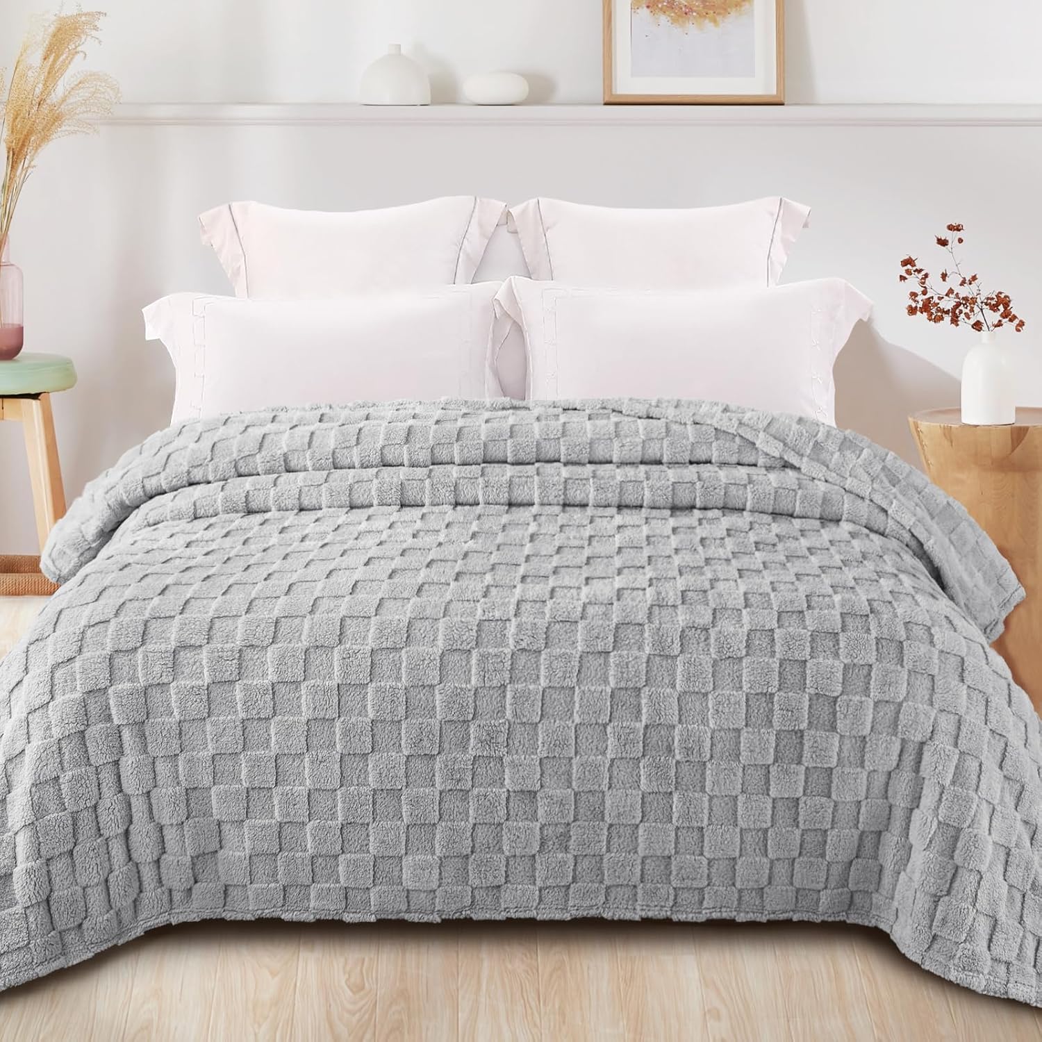 Thumbnail 2 de Exclusivo Mezcla plaid en polaire microfibre à carreaux gris clair 230x265 cm