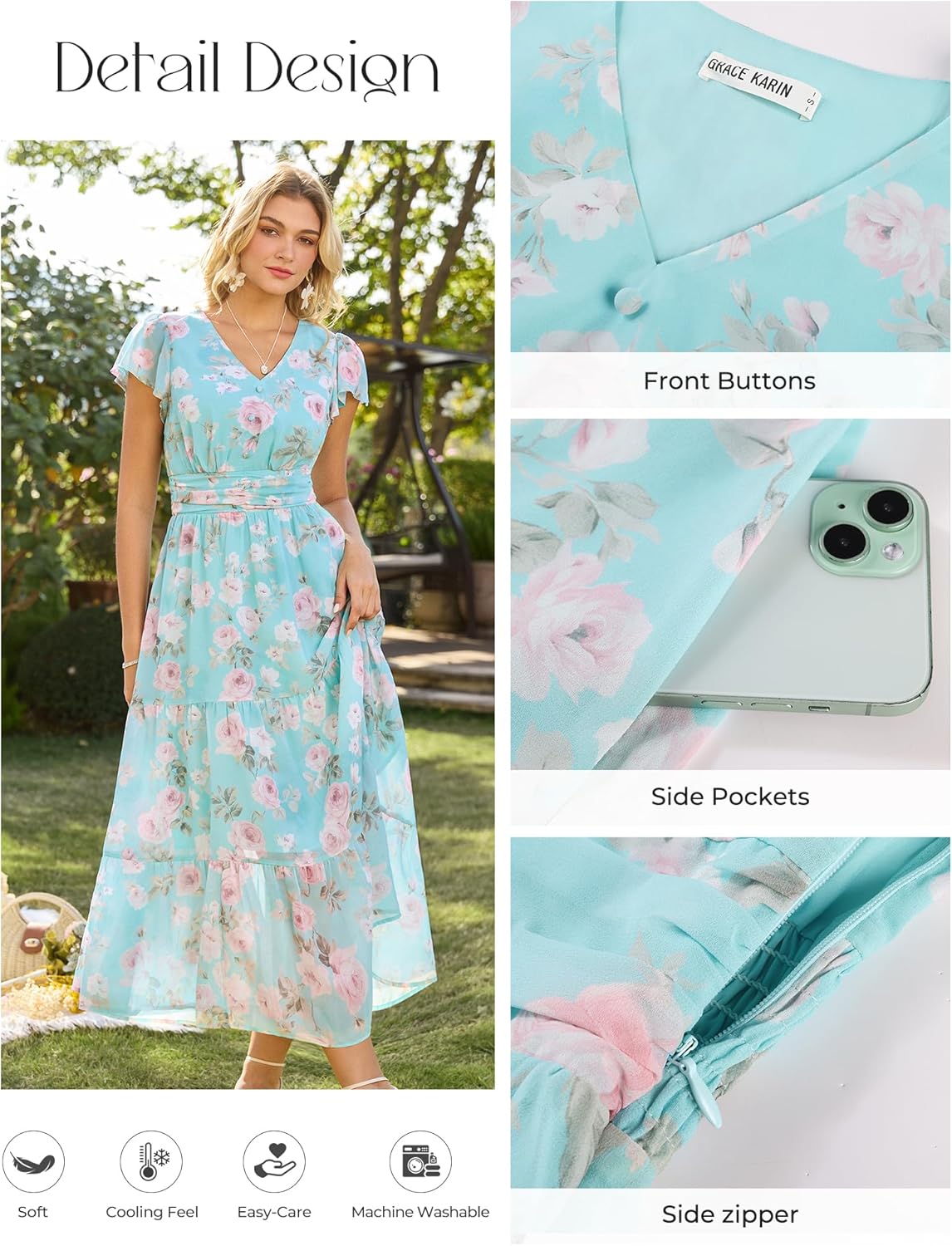 Thumbnail 2 de GRACE KARIN 2026 Women Summer Dress: Maxi Floral with Pockets and V-Neck