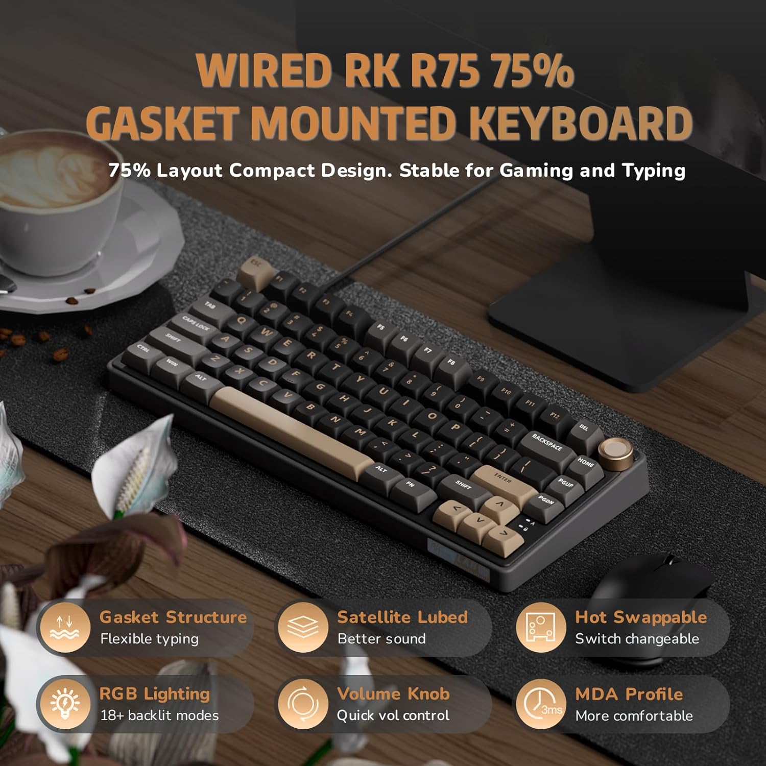 Thumbnail 1 de RK ROYAL KLUDGE R75 Wired Gaming Keyboard with Volume Knob (75% Mechanical) — QMK/VIA, Hot-Swappable Speed Silver