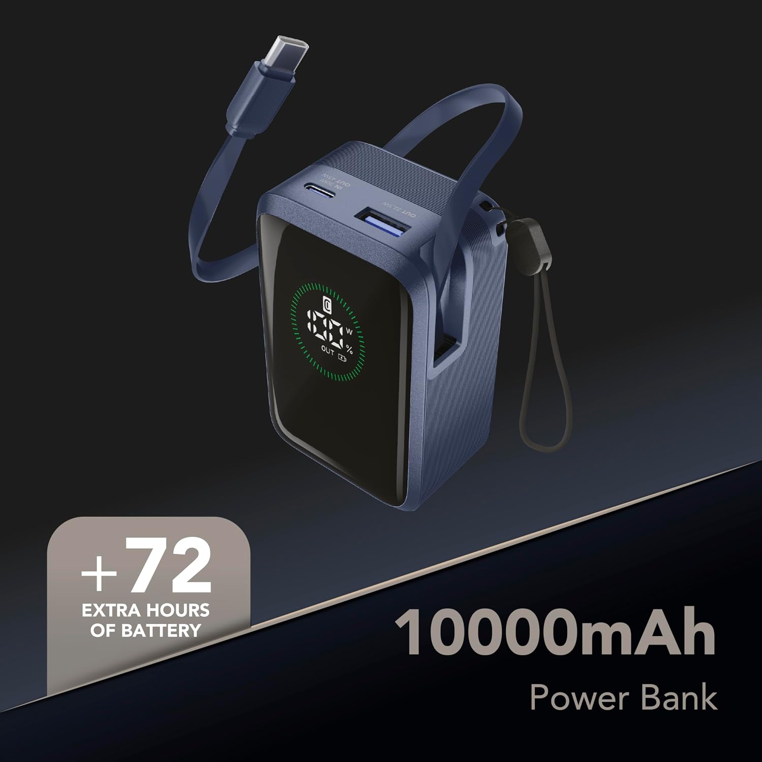 Detalle de Power Bank Roller 10.000 mAh di Cellularline – ricarica rapida 45 W, USB-C retrattile, display LCD
