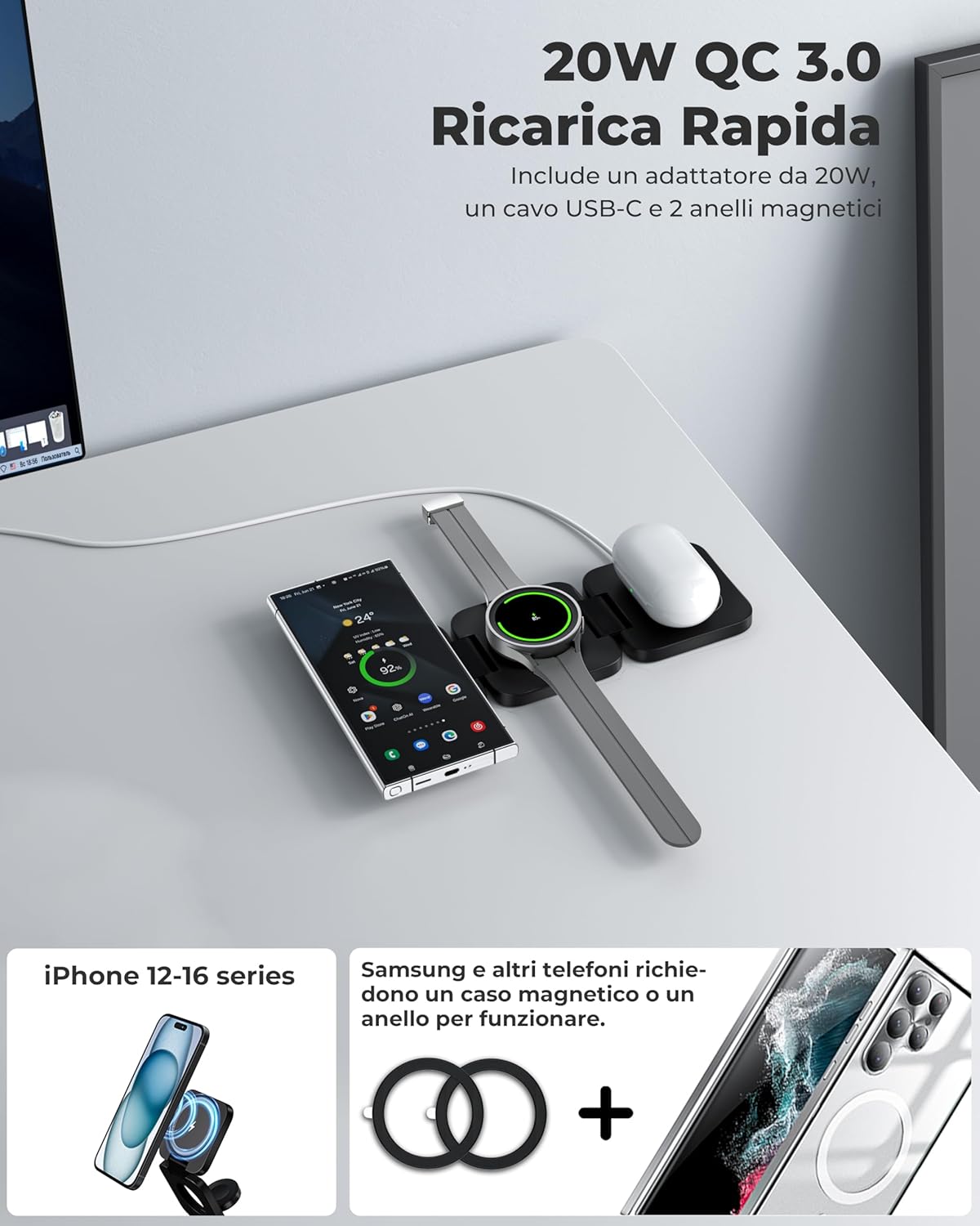 Detalle 2 de KU XIU Stazione di ricarica wireless 3 in 1 per Samsung