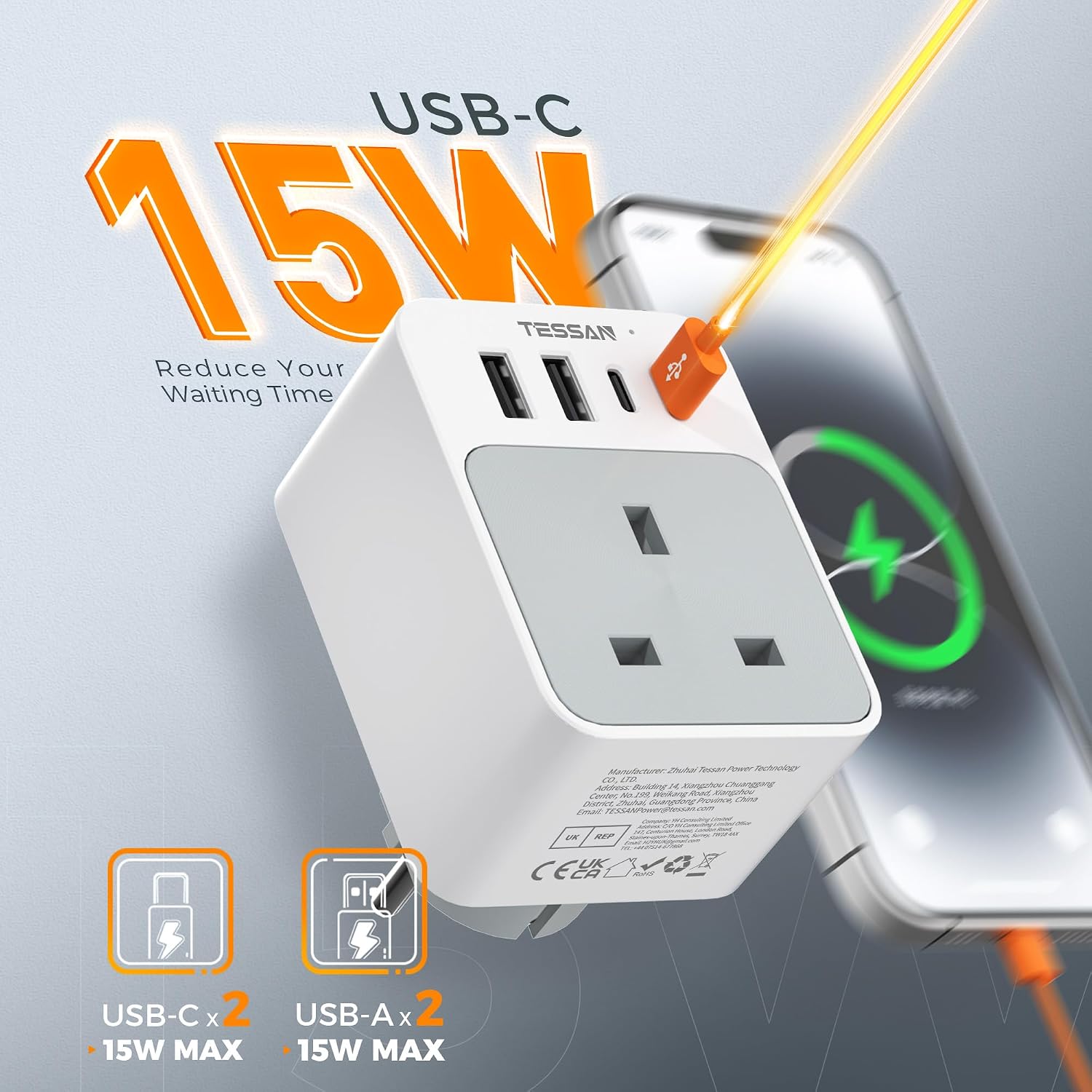 Detalle de TESSAN UK to European Plug Adapters (2 Pack) – Grounded, 4 USB Ports (2 USB-C) – Type E/F