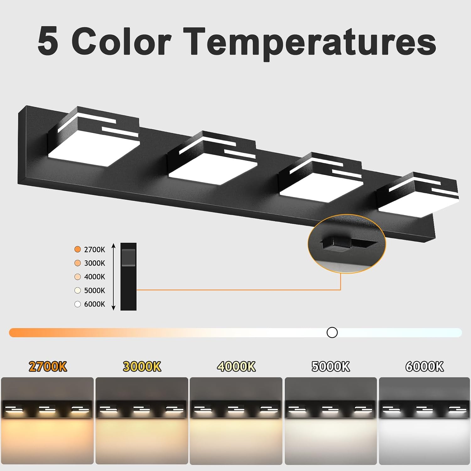 Detalle de LKHF 9553 4-Light LED Vanity Light, 5CCT, Matte Black, Swivel Acrylic Heads