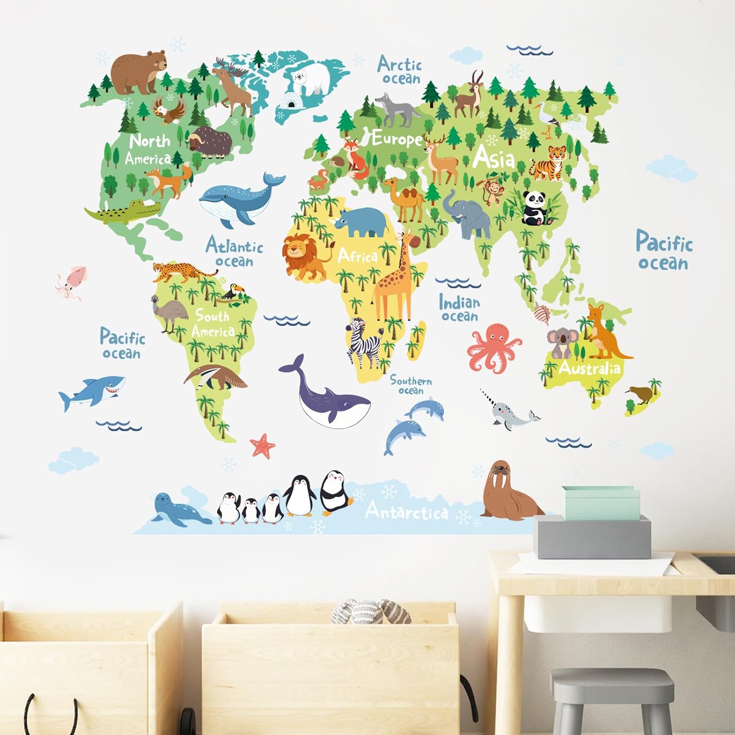 Thumbnail 5 de FUFUQUARE Cute Dinosaurs World Map Wall Sticker – Large Colourful Dino Peel & Stick Vinyl