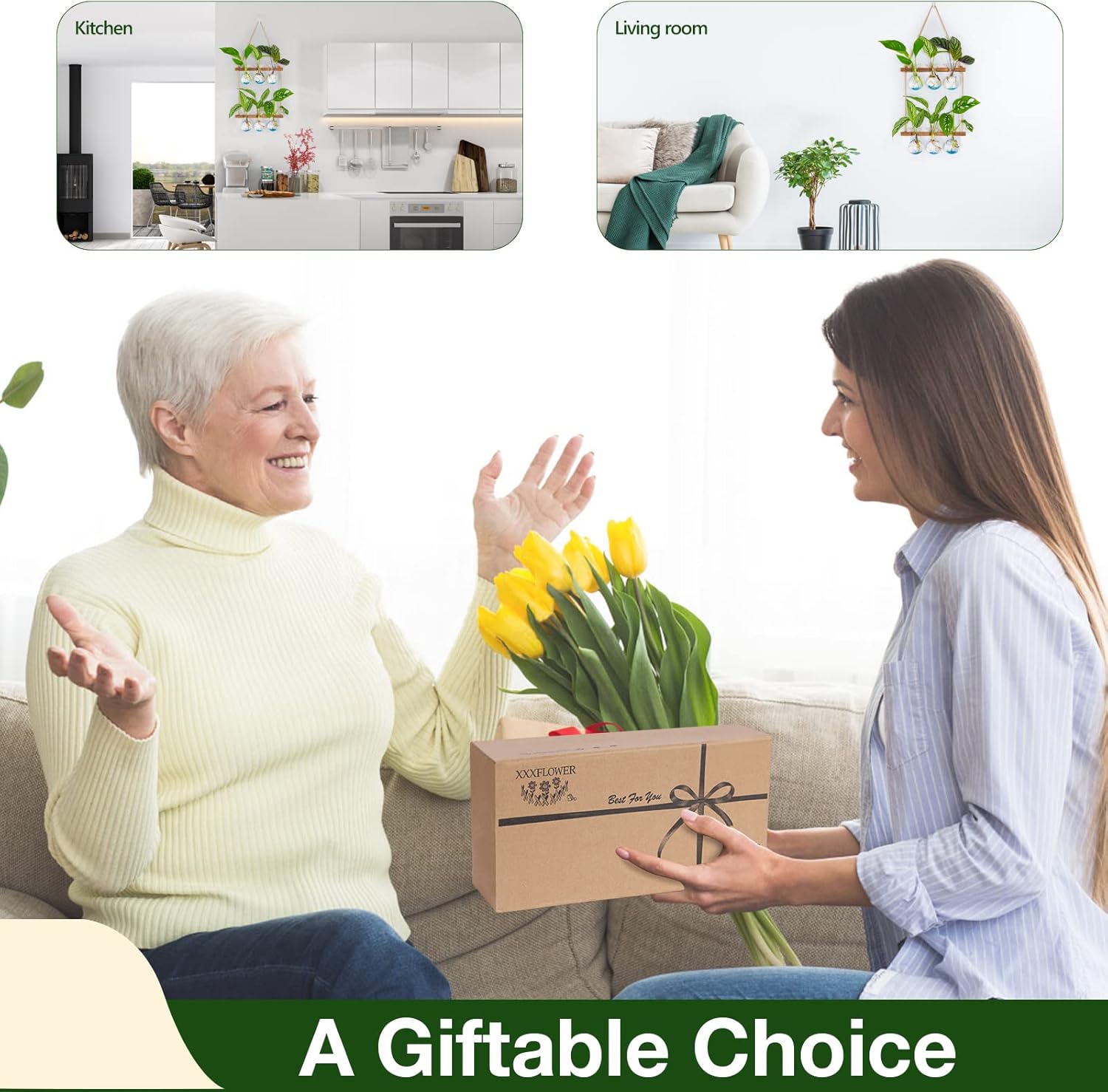 Thumbnail 4 de XXXFLOWER Wall Hanging Plant Propagation Station with Wooden Stand (3 Bulb Vase, 2 Tiers)